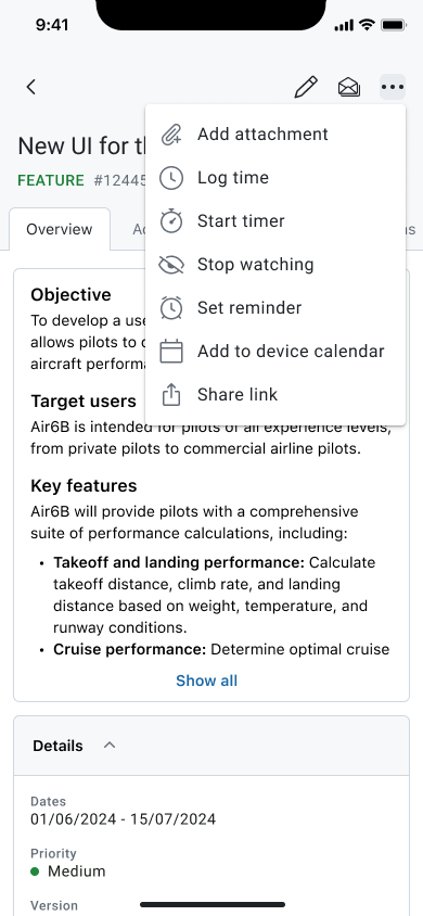 Work packages more actions