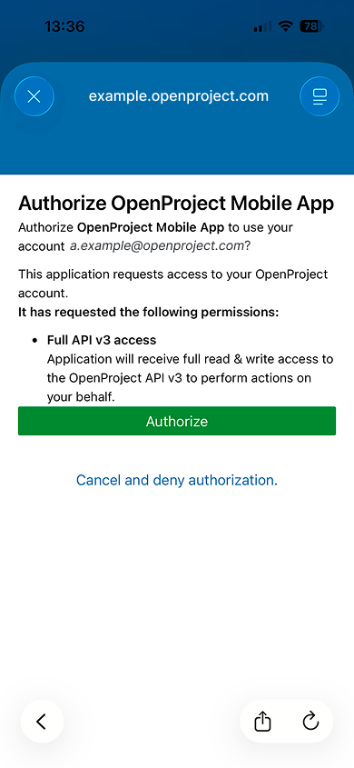 Browser pop-up to authenticate the app to the core API
