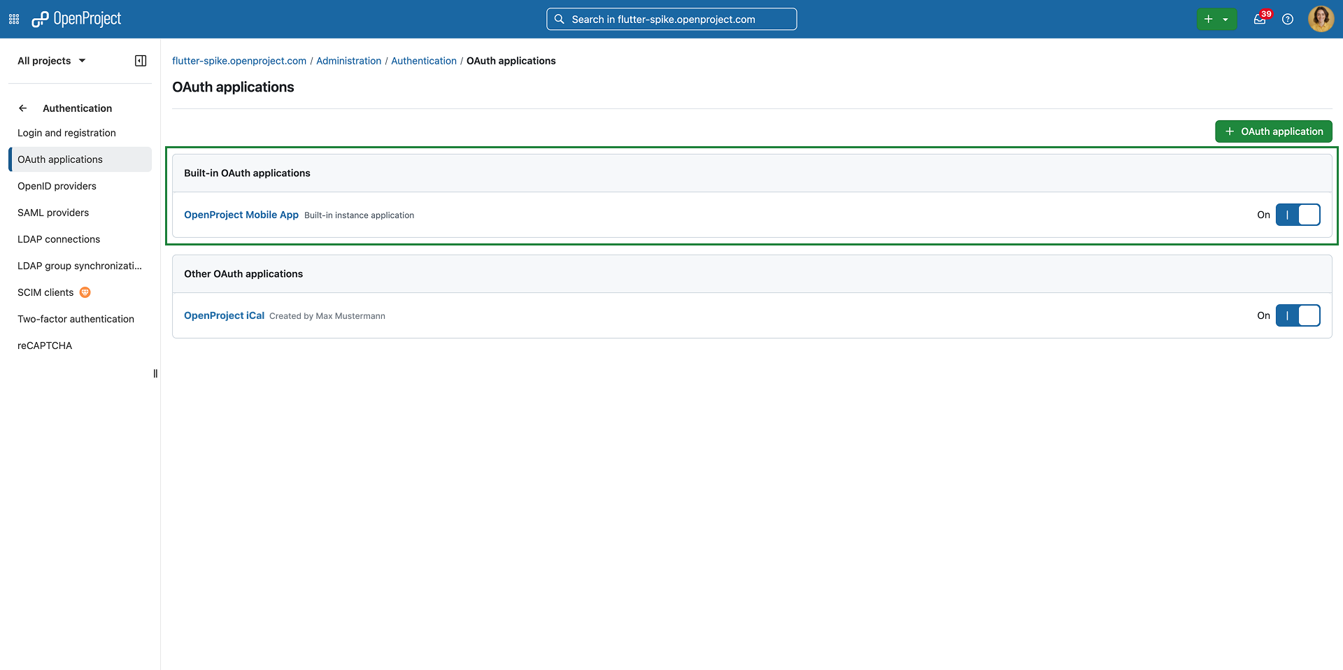 OAuth setting on the desktop core app to enable the app authentication flow