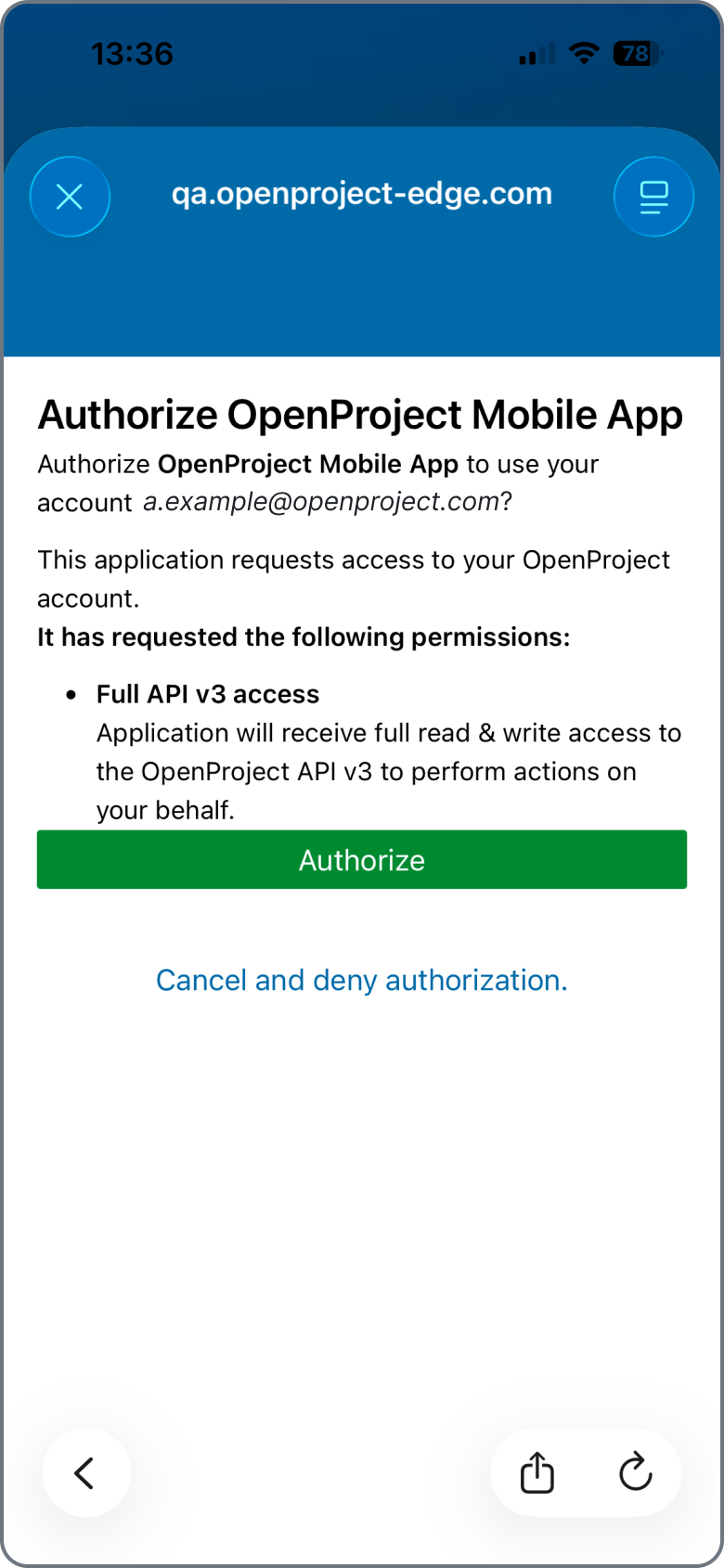 OpenProject mobile app browser API v3 authorisation screen