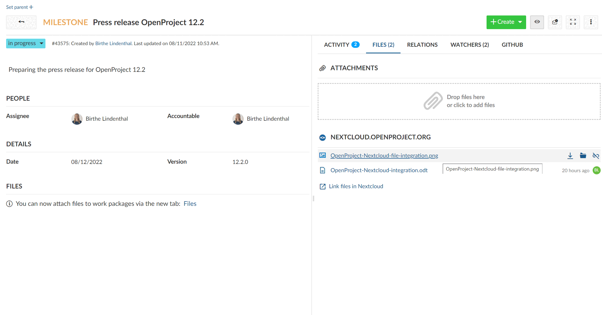 Nextcloud files linked in OpenProject