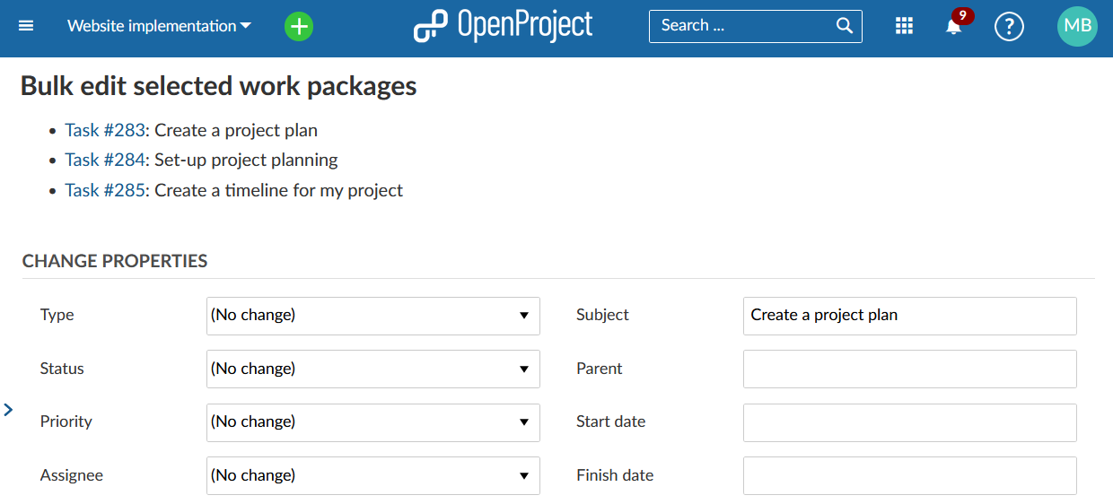 openproject bulk edit work package subject field