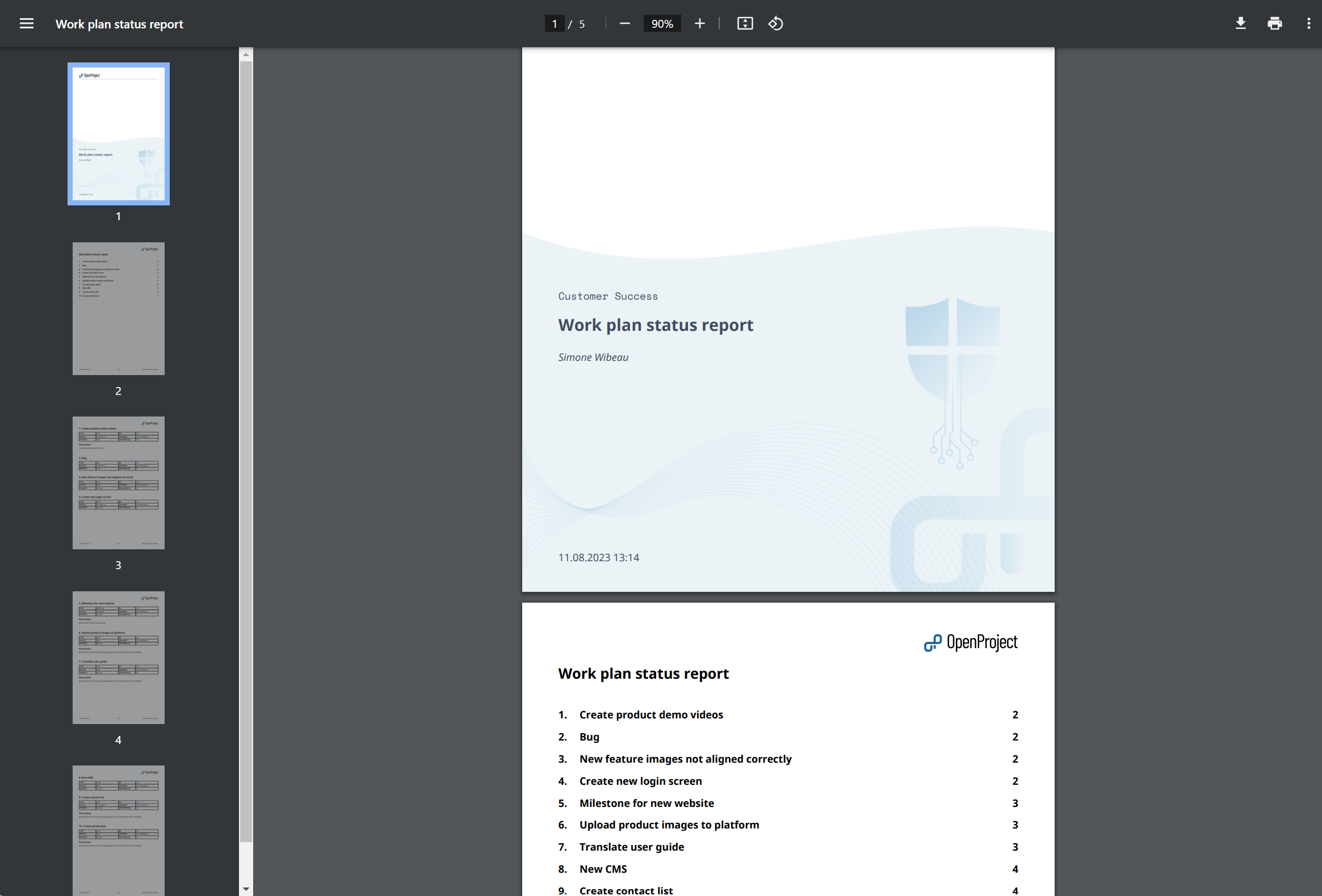 OpenProject pdf export of a project report 