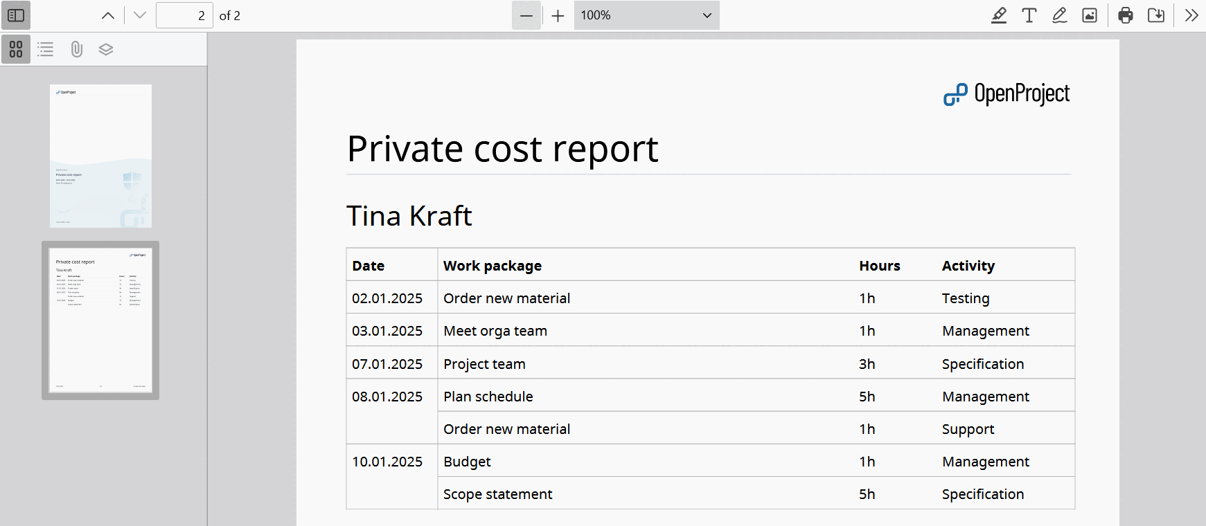 A timesheet PDF export example