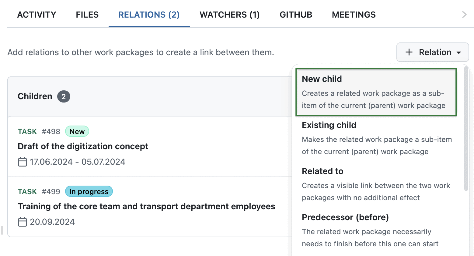 Screenshot showing the +Child actions in the dropdown list of the Relations tab