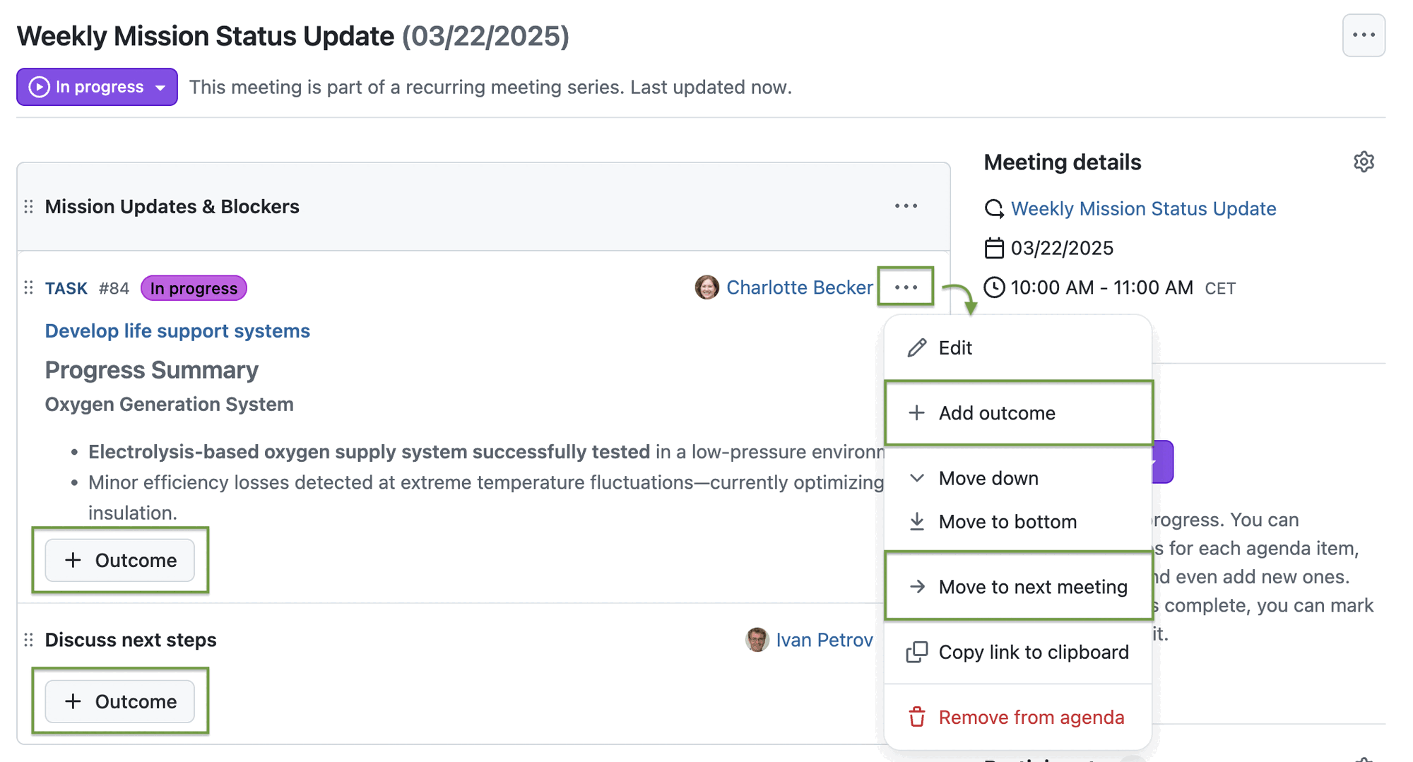Screenshot: OpenProject’s Meetings module, options for an agenda item if the meeting status is ‘in progress’