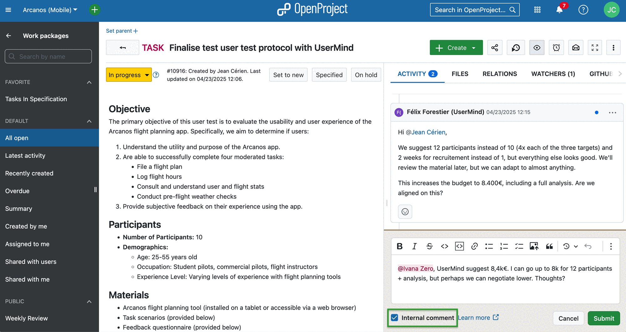 OpenProject work package with open Activity tab, a comment from a user and a not yet submitted comment with confidential content where the checkmark for Internal comment is activated.
