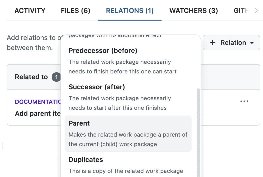 Dropdown in work package Relations tab, showing highlighted Parent relation.