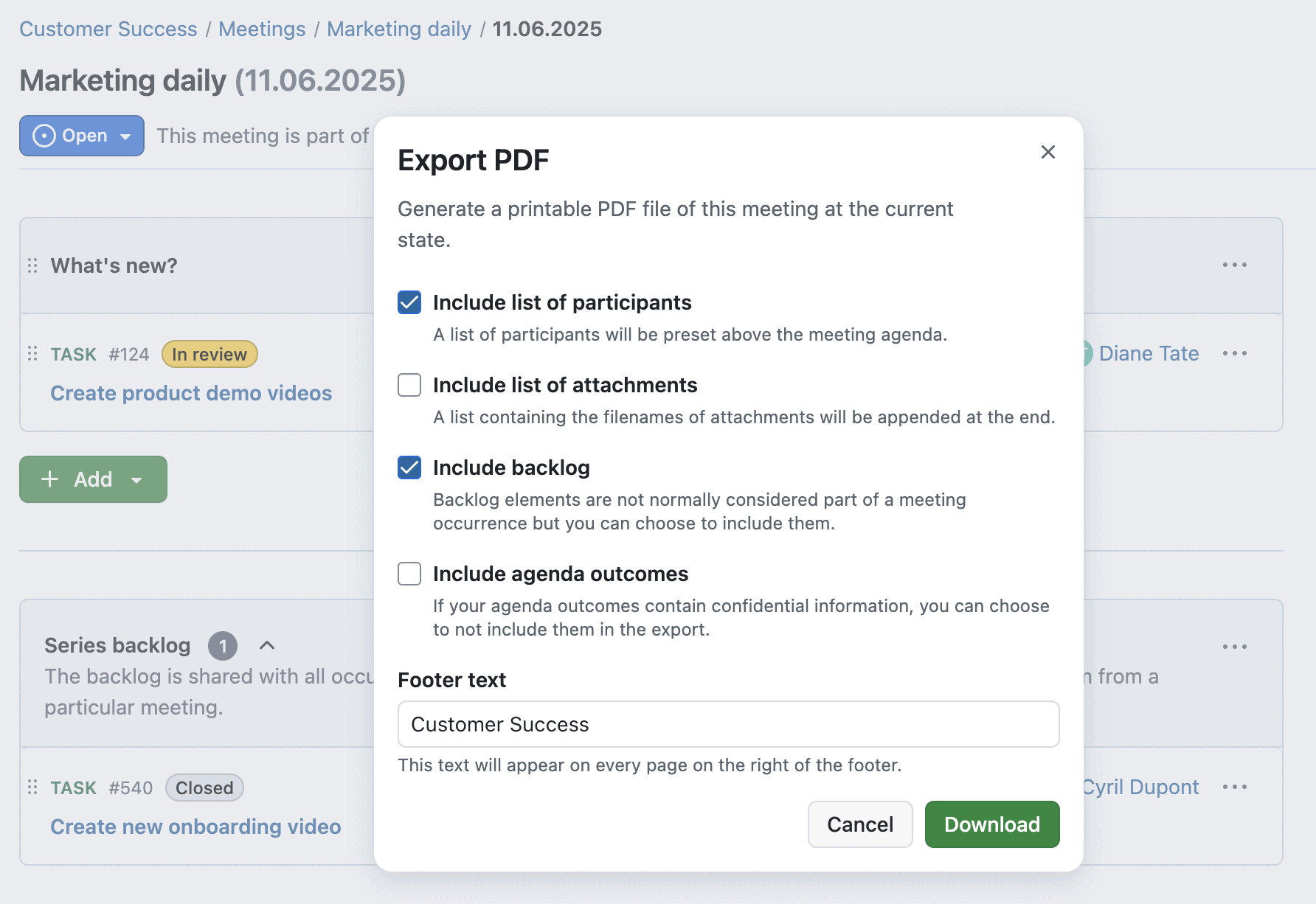Overlay of Export PDF options for OpenProject meetings