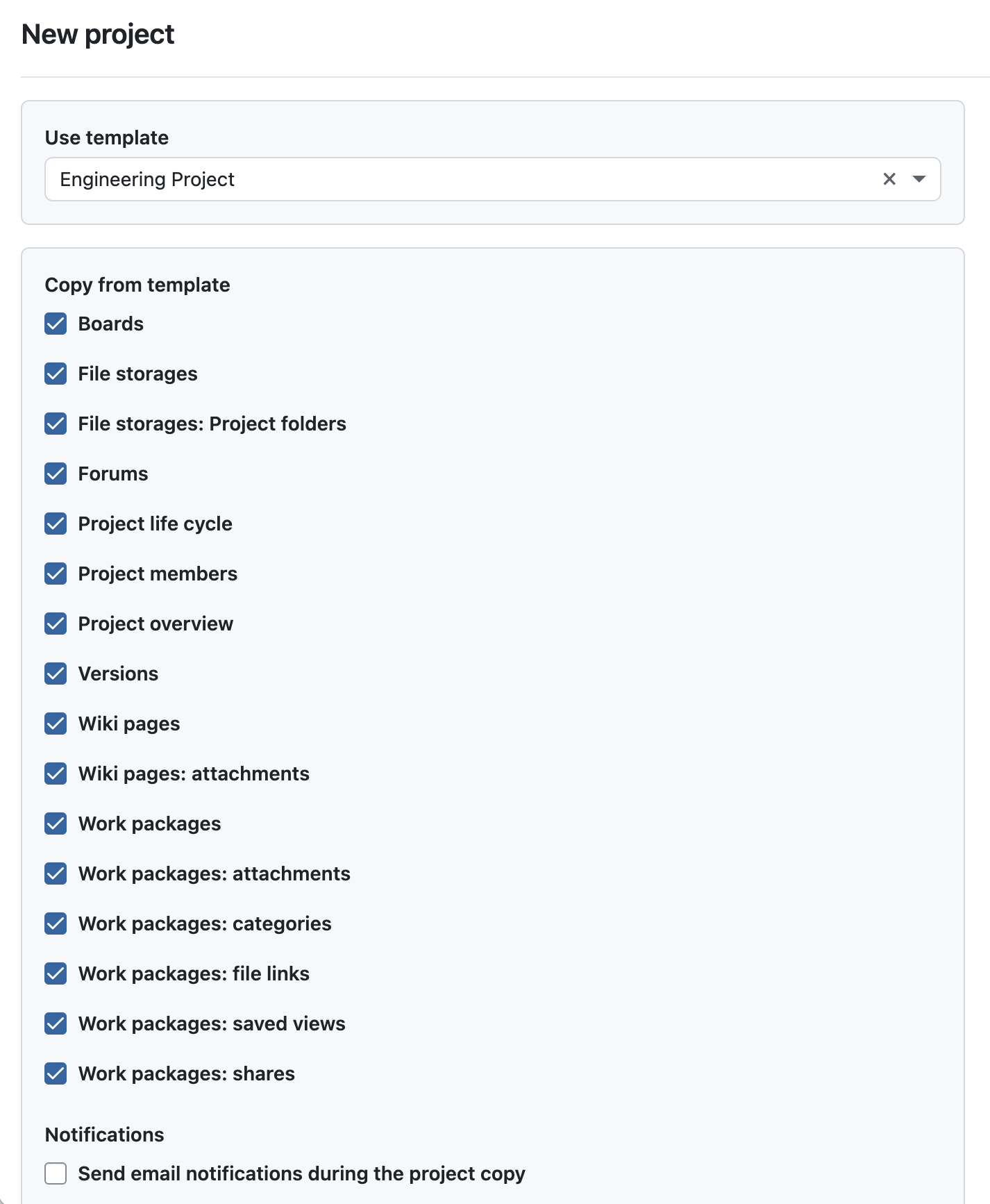 OpenProject screenshot: Create new project, with options to choose what to copy from a template
