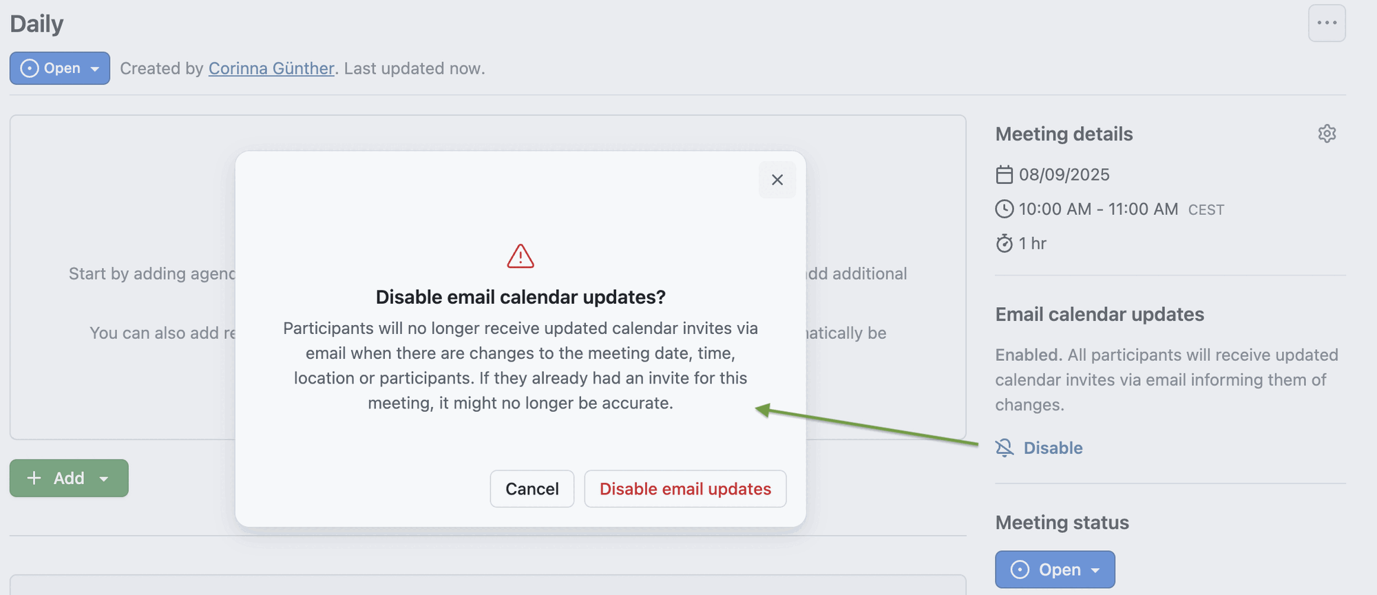 Screenshot showing OpenProject meeting template with overlay to disable email notifications