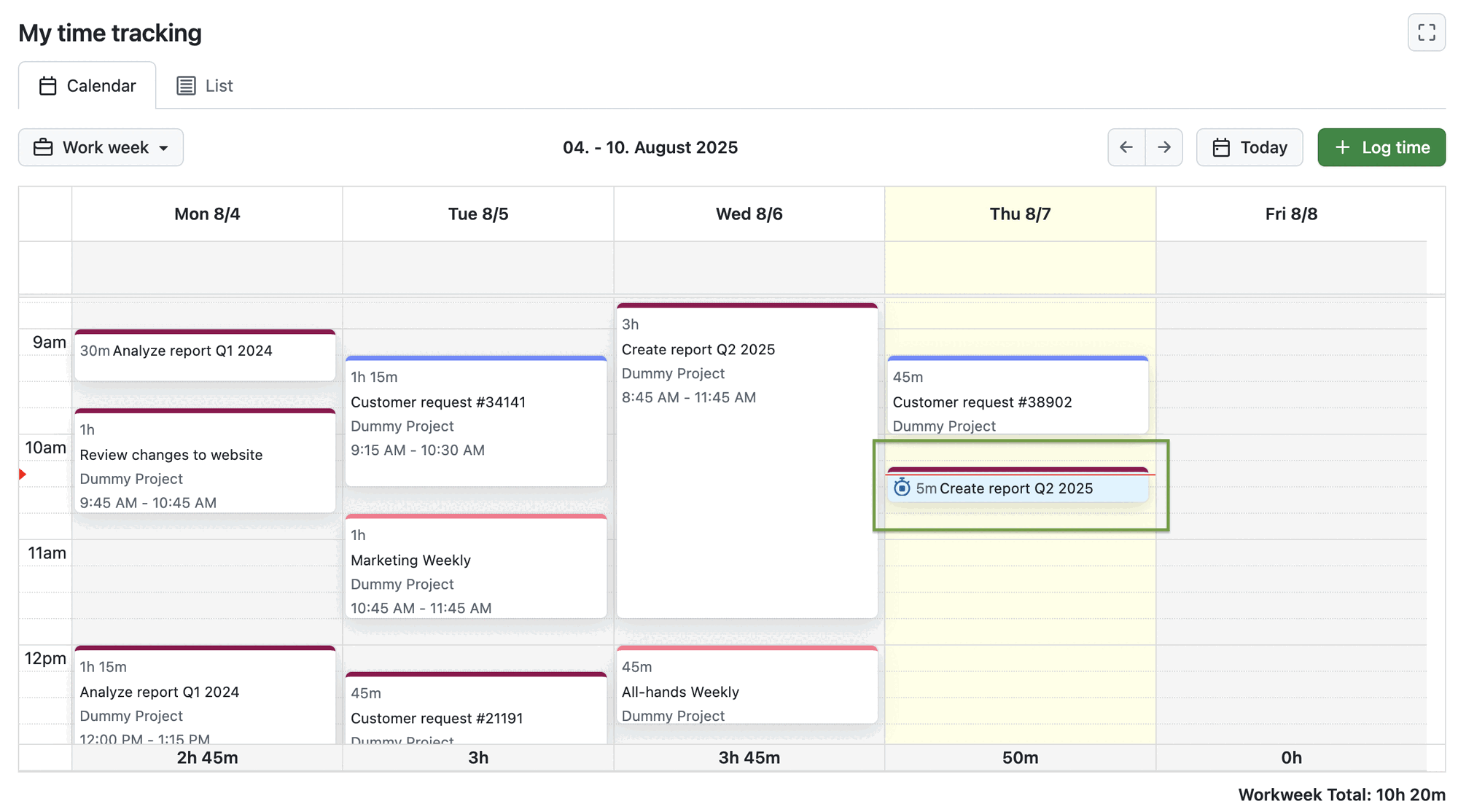 Screenshot showing OpenProject’s My time tracking module with a highlighted time entry on ‘today’ that is running for 5 minutes, displayed with a timer icon