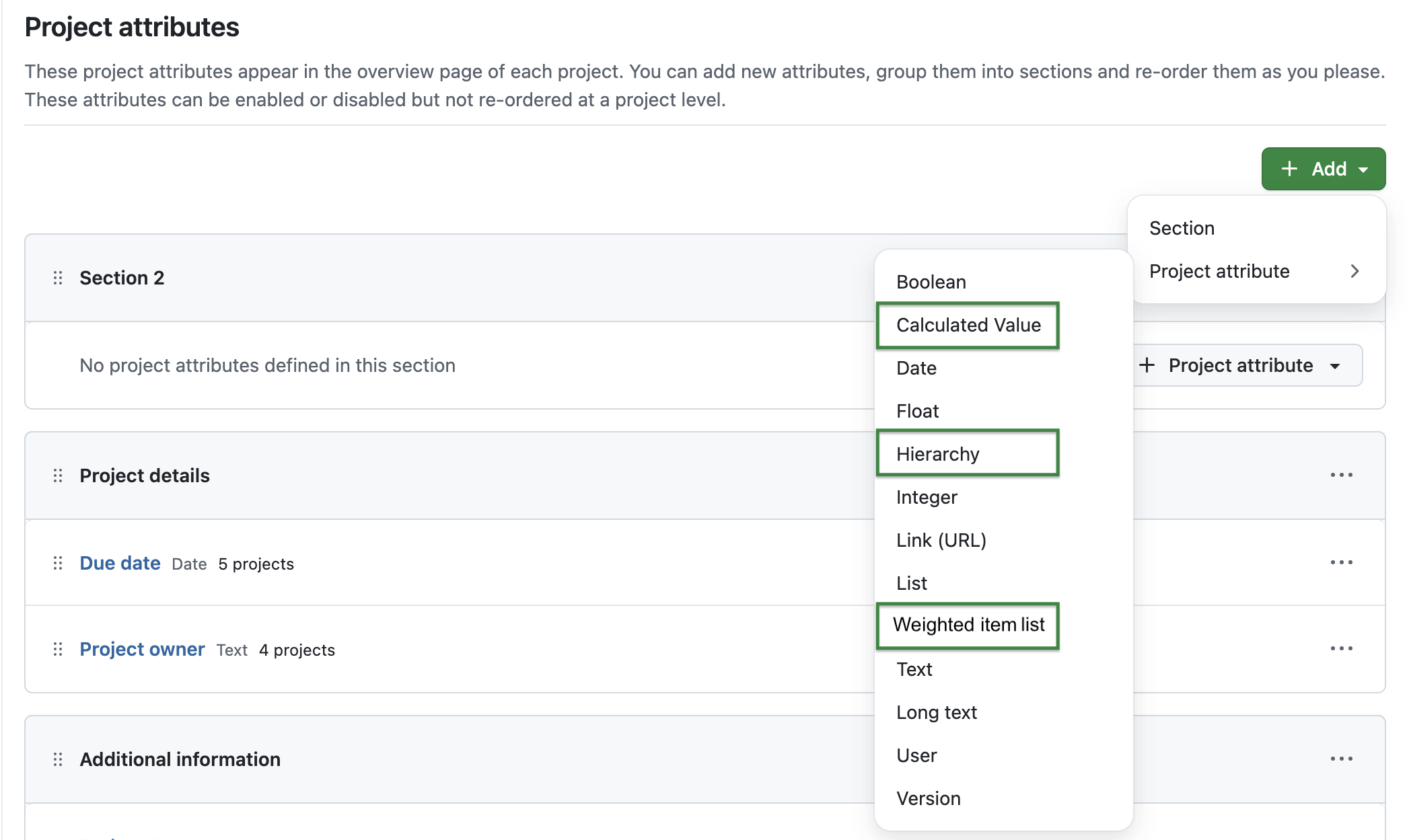 OpenProject administration with new types of project attributes: Calculated value, Hierarchy and Weighted item list are highlighted.