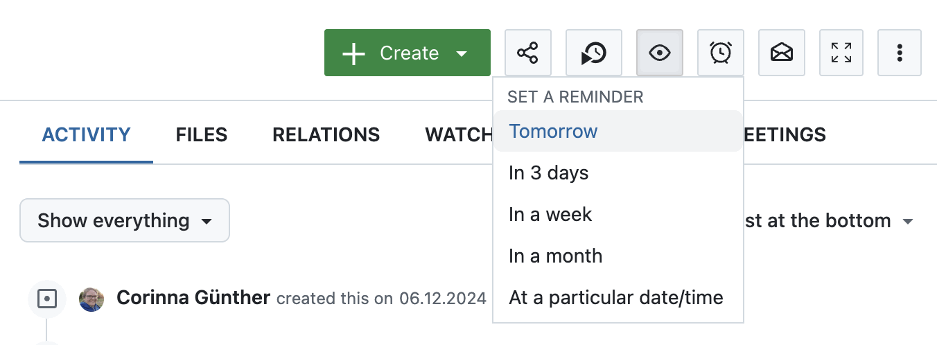 Dropdown menu on a work package when clicking on the reminder icon, with options to quickly choose a date to be reminded