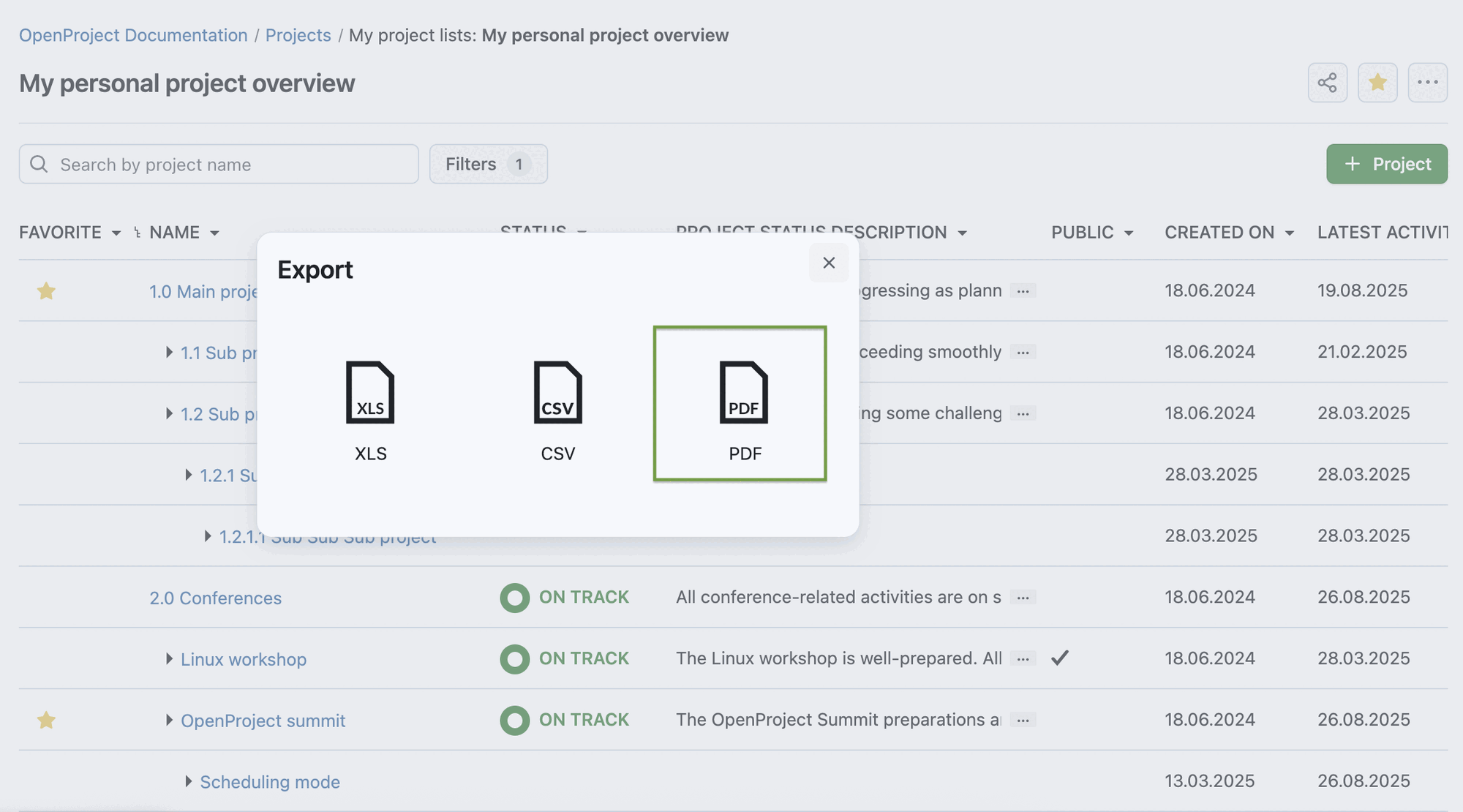 Screenshot of OpenProject 16.4: Export modal for PDF export of project lists, choosing the file format - XLS, CSV and PDF