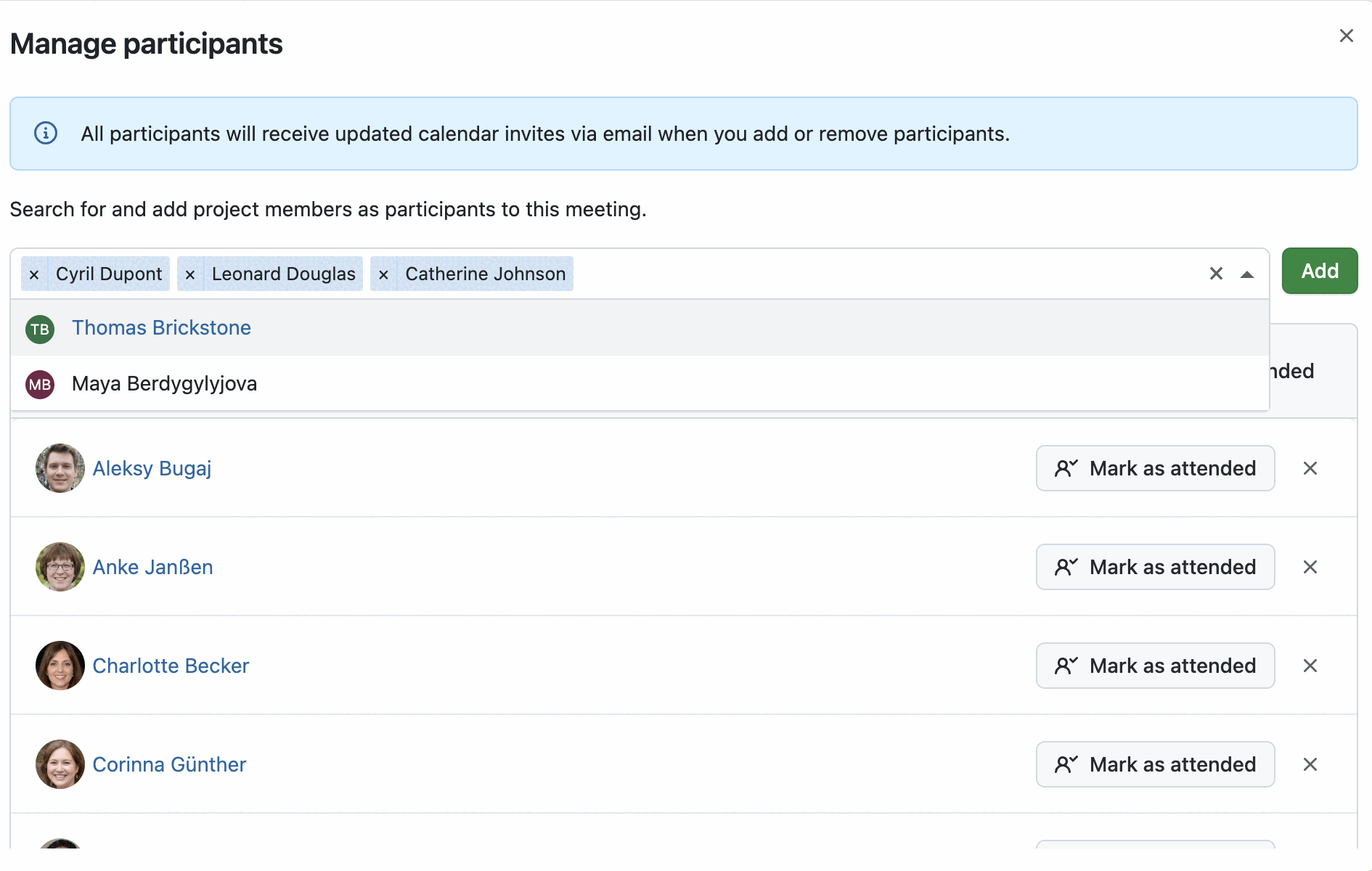 Screenshot of OpenProject 16.4: Meeting participants modal with autocomplete and ‘Mark as attended’ button