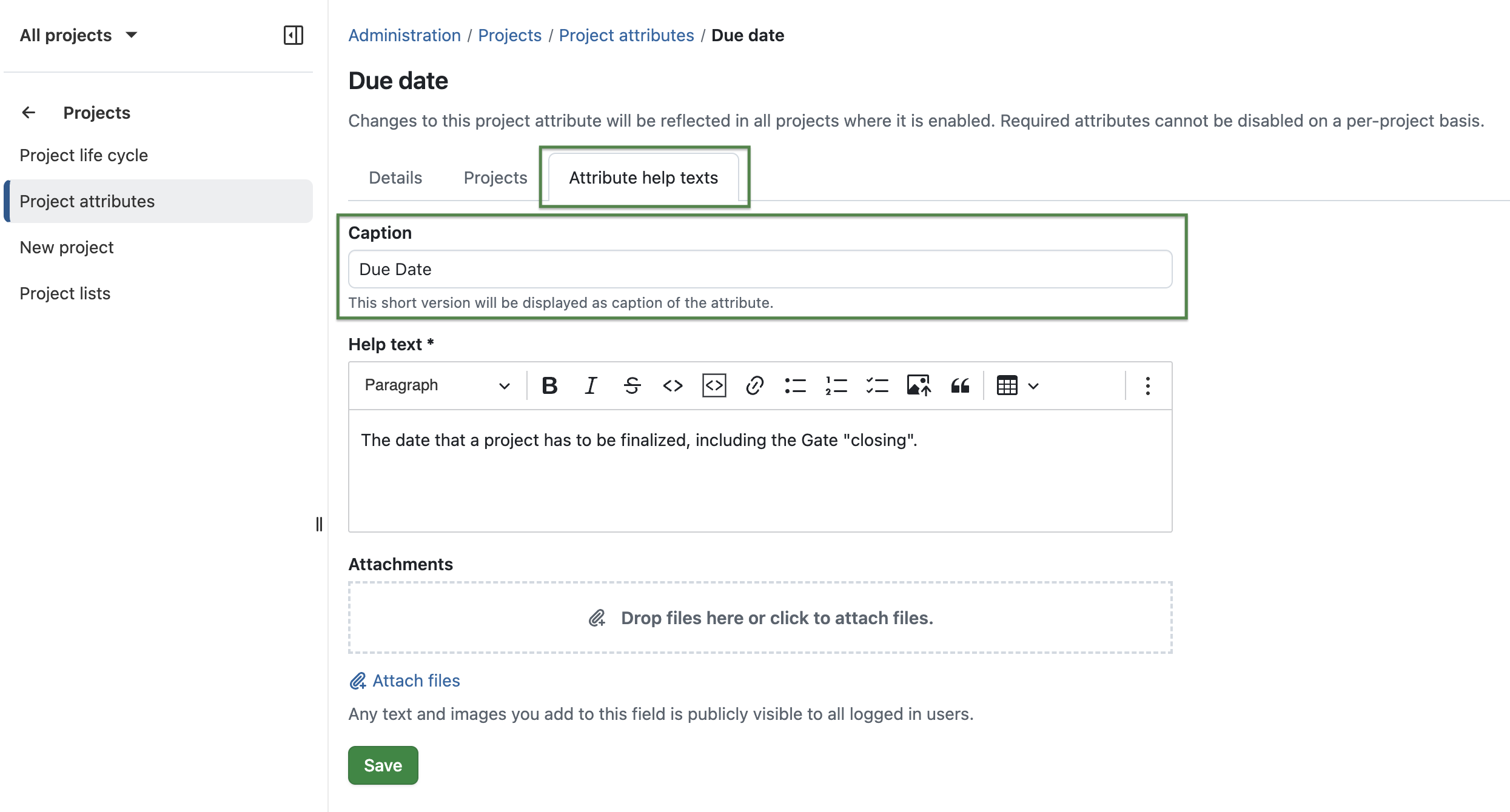 OpenProject administration for project attributes, showing a new tab “Attribute help texts” and a new field to add a “Caption”