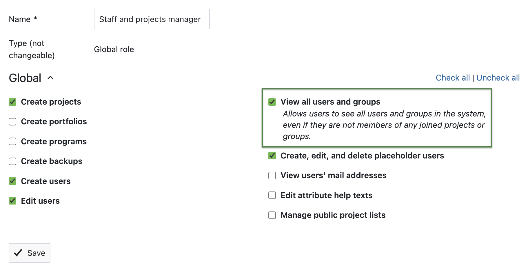 Administration in OpenProject to set permissions for a global role, the permission to “View all users and groups” is checked