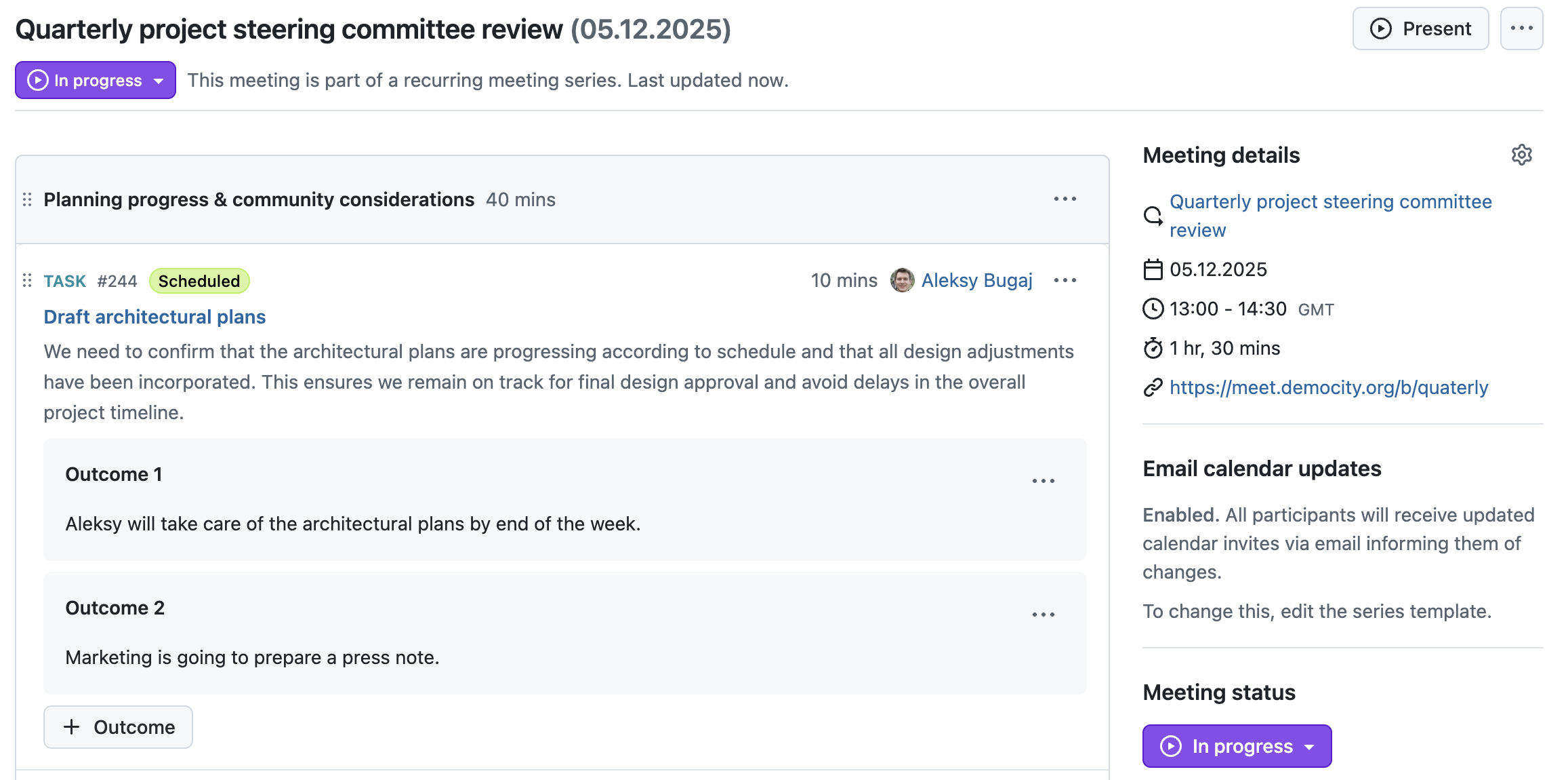 OpenProject meeting which is in progess, below the first agenda item (a work package) are “Outcome 1” and “Outcome 2” displayed, and the + Outcome button is still available as well