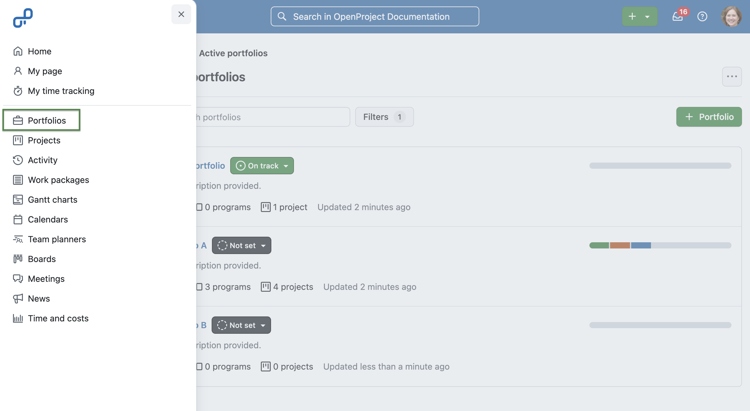 OpenProject portfolio in global menu