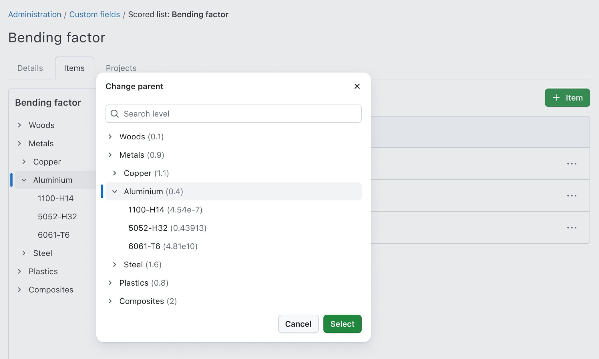 OpenProject administration for custom fields, example of “Bending factor” for different materials, each one displayed with a specific value in brackets, e.g. “Aluminium (0.4)”.