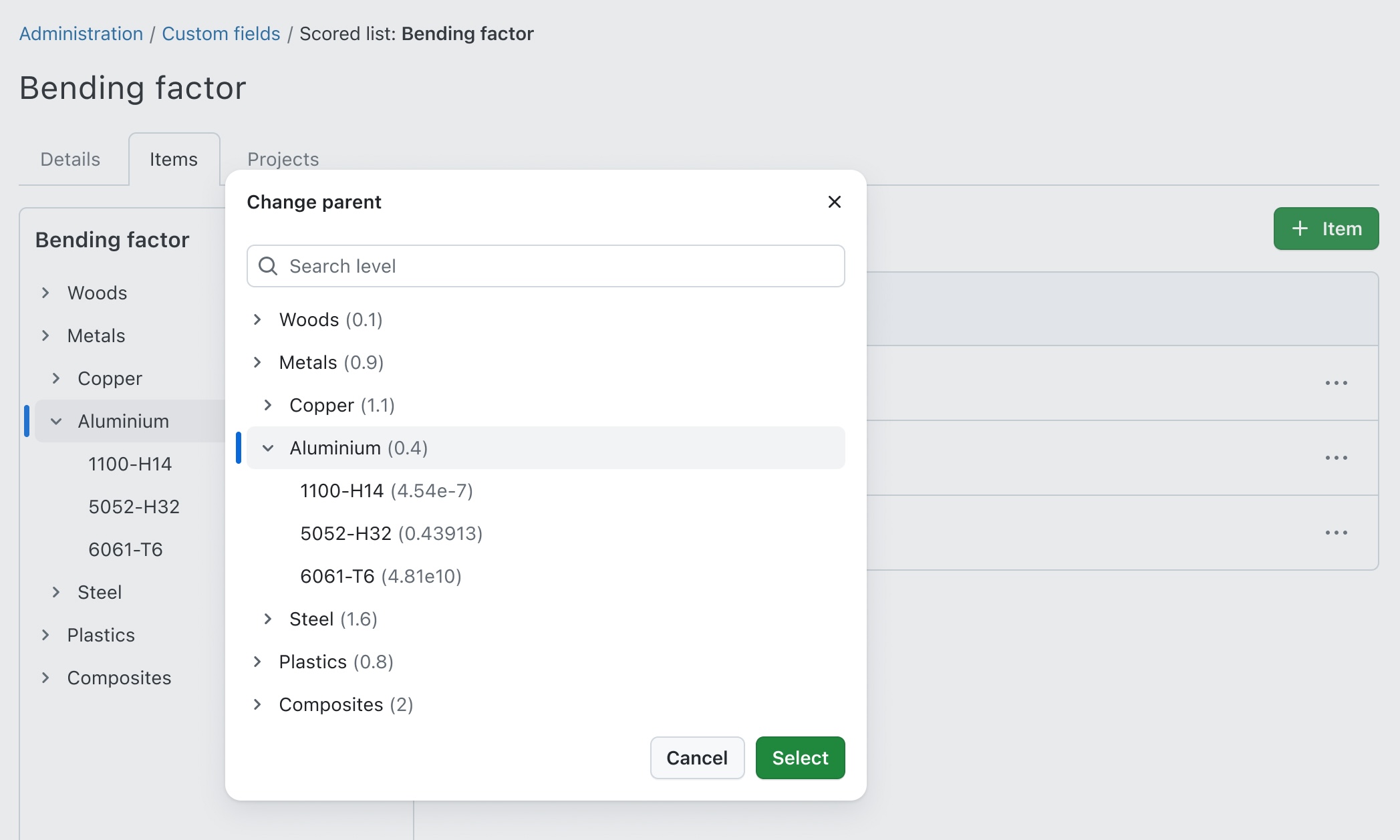 OpenProject administration for custom fields, example of “Bending factor” for different materials, each one displayed with a specific value in brackets, e.g. “Aluminium (0.4)”.