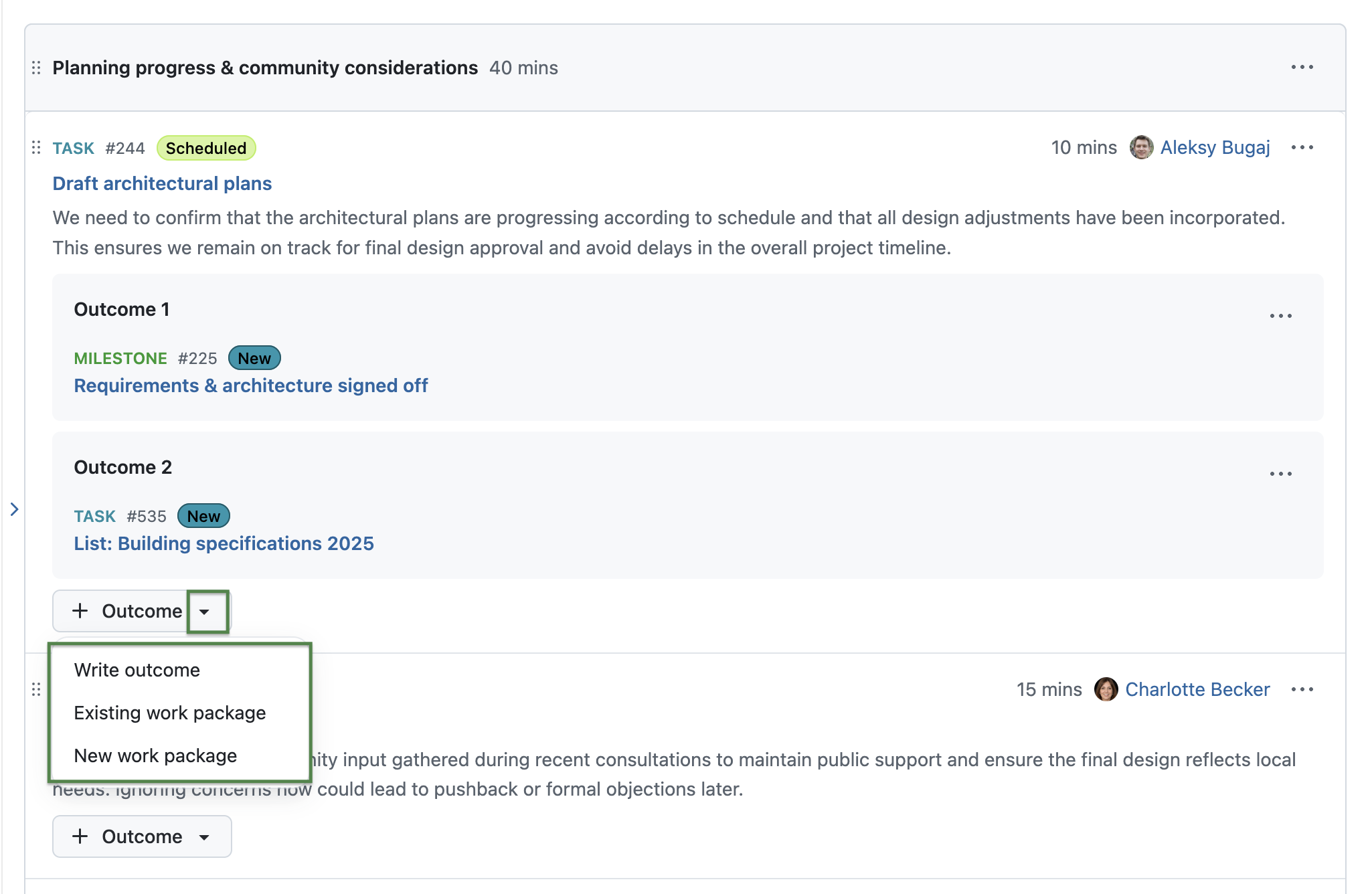 OpenProject meeting showing dropdown options for Outcome button: Write outcome, Existing work package, New workpackage