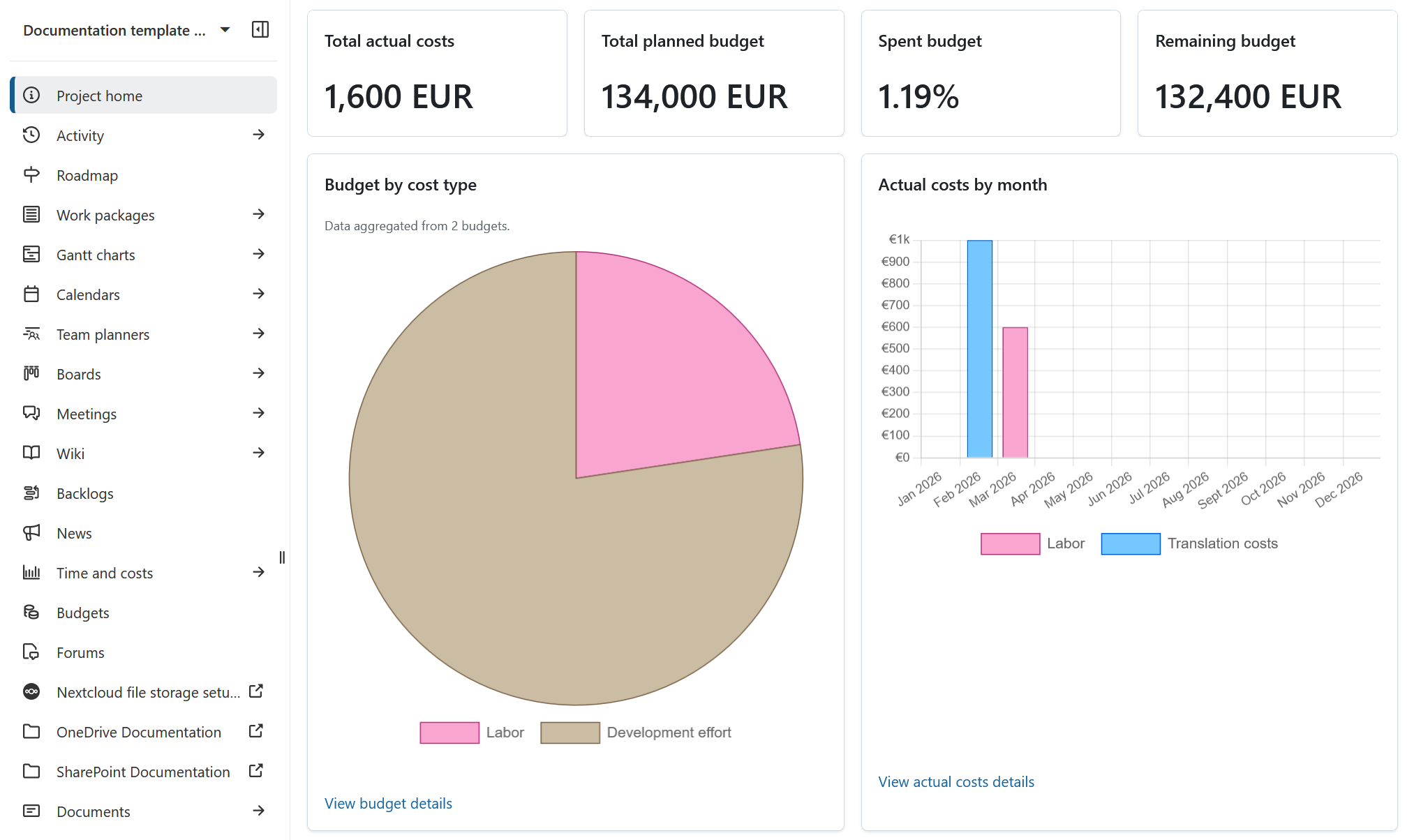 An example of project budget widget on a project home page in OpenProject