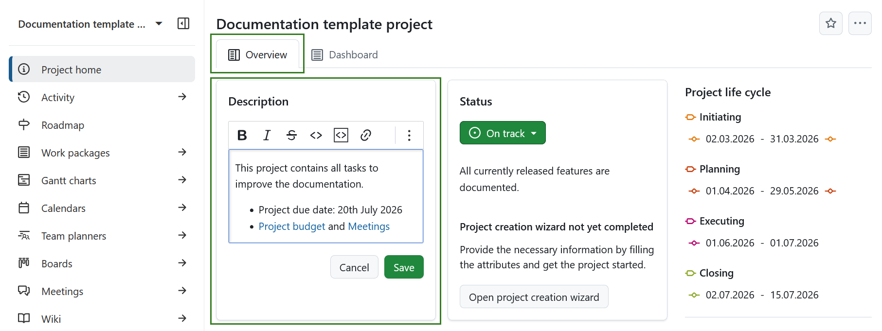 Overview tab of a project home page in OpenProject, showing the project description widget being edited