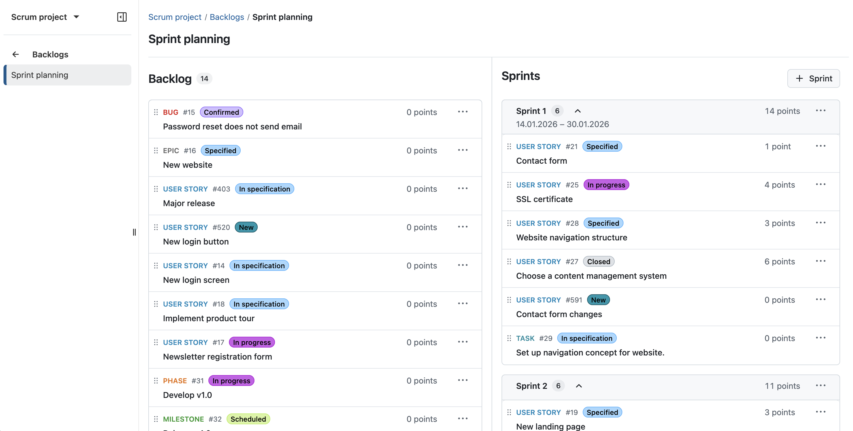 OpenProject Backlogs module in version 17.3: Divided into Backlog and Sprints