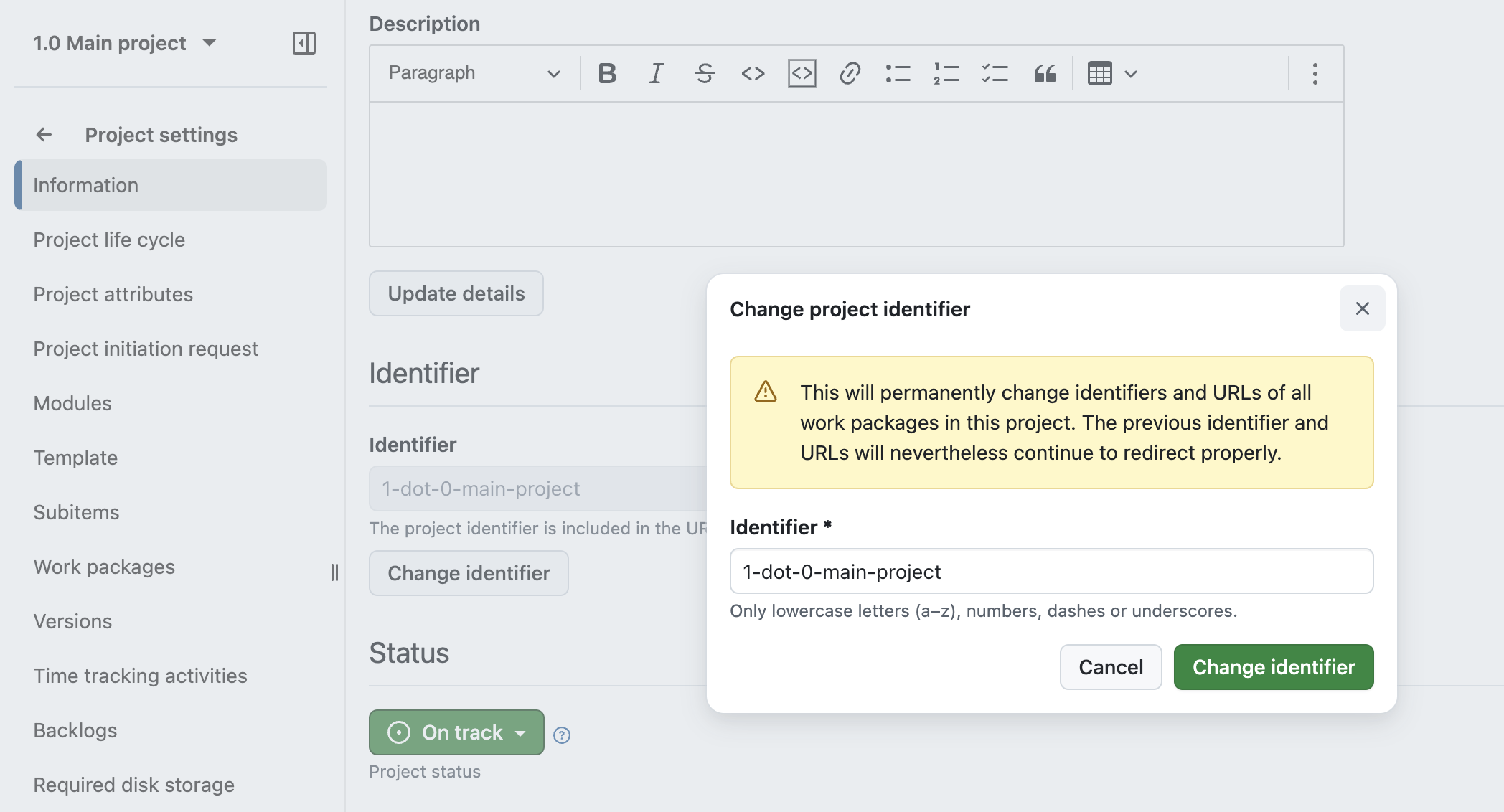OpenProject 17.3 project settings with overlay to change the project identifier, including a note that this is a permanent change but redirects will work