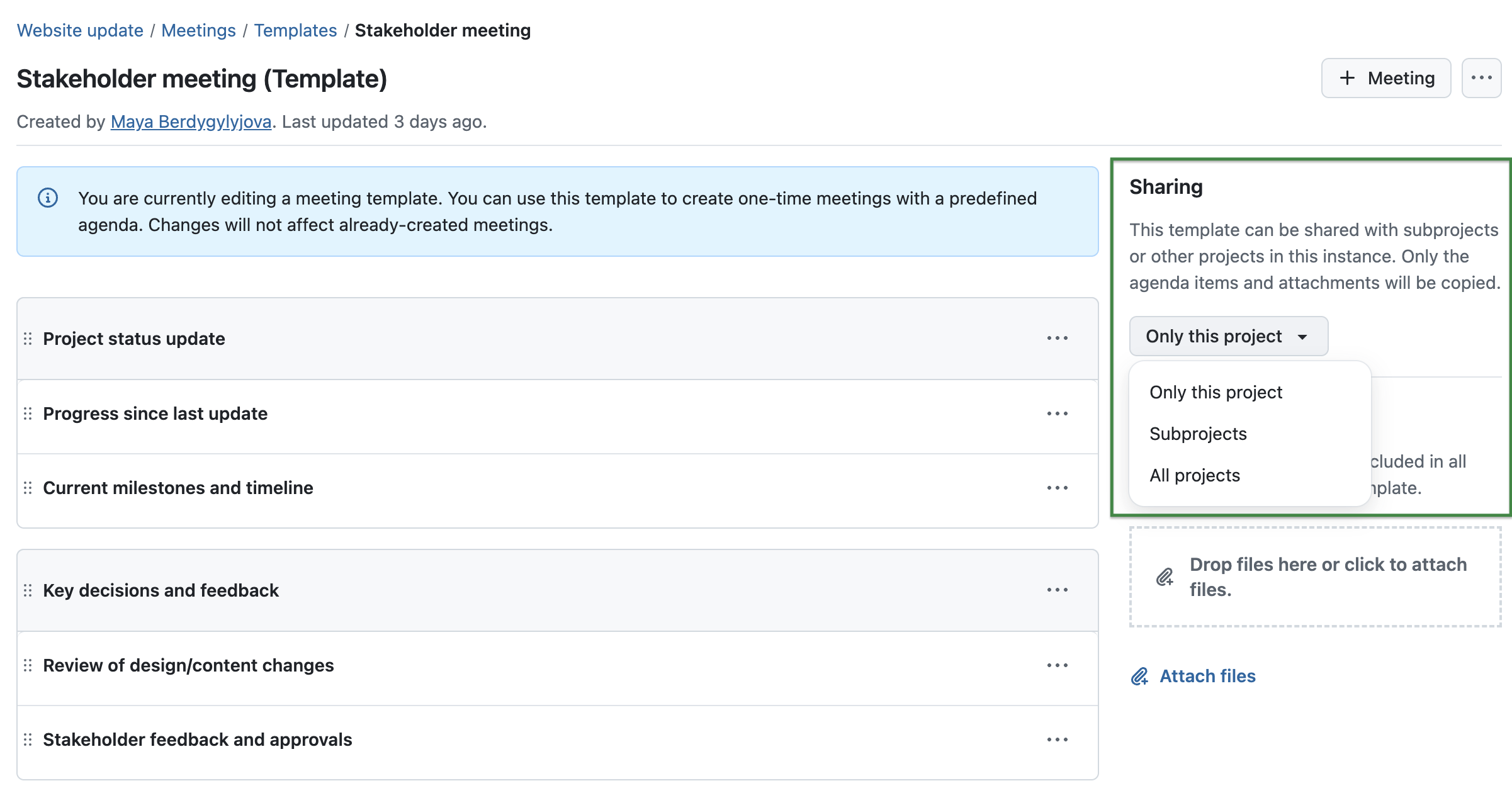 Meeting template in OpenProject 17.3 with the option to share – With only this project, with subprojects or with all projects