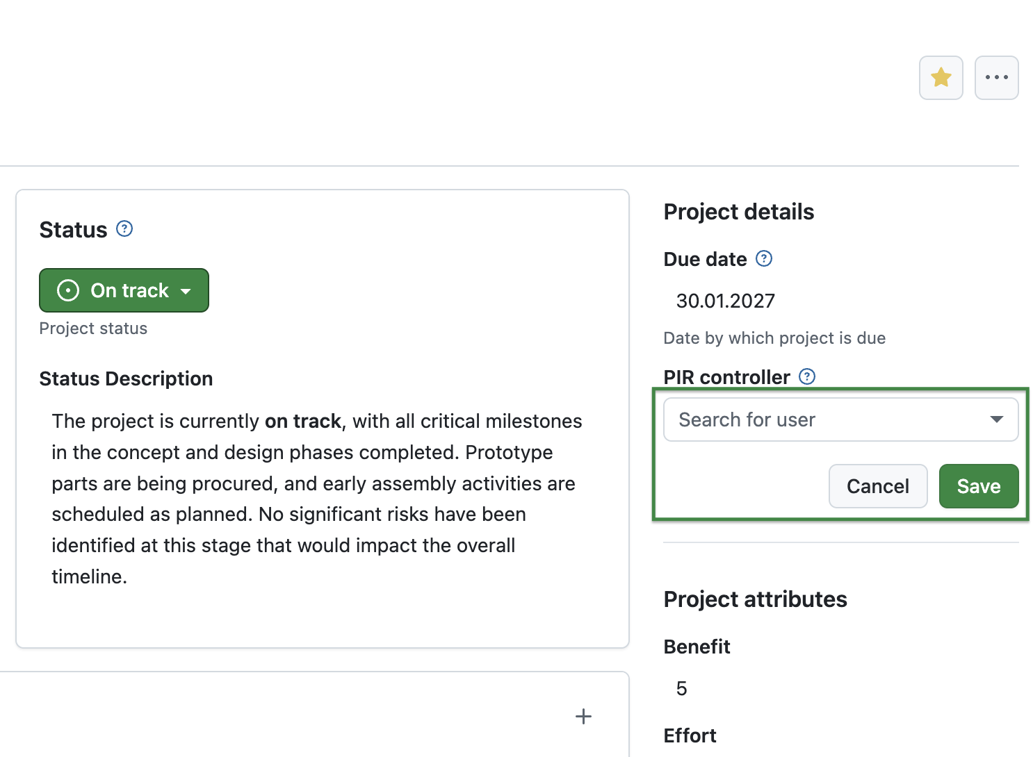 Overview page in OpenProject 17.3 with in-place editing: Example “PIR controller” with dropdown option to search for a user