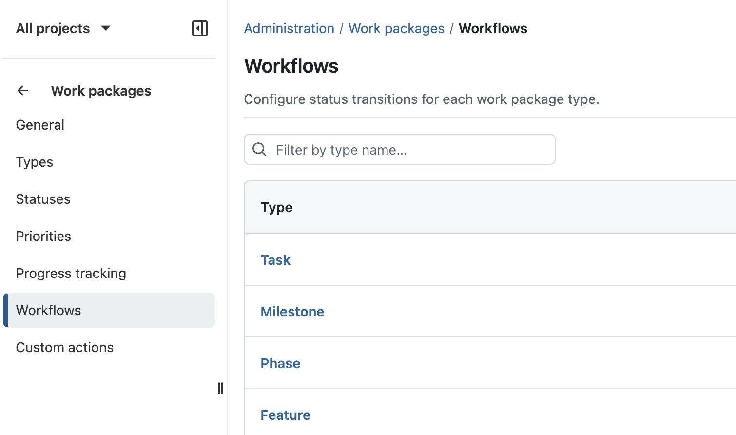 New index page for workflows in OpenProject 17.3, listing all work package types available