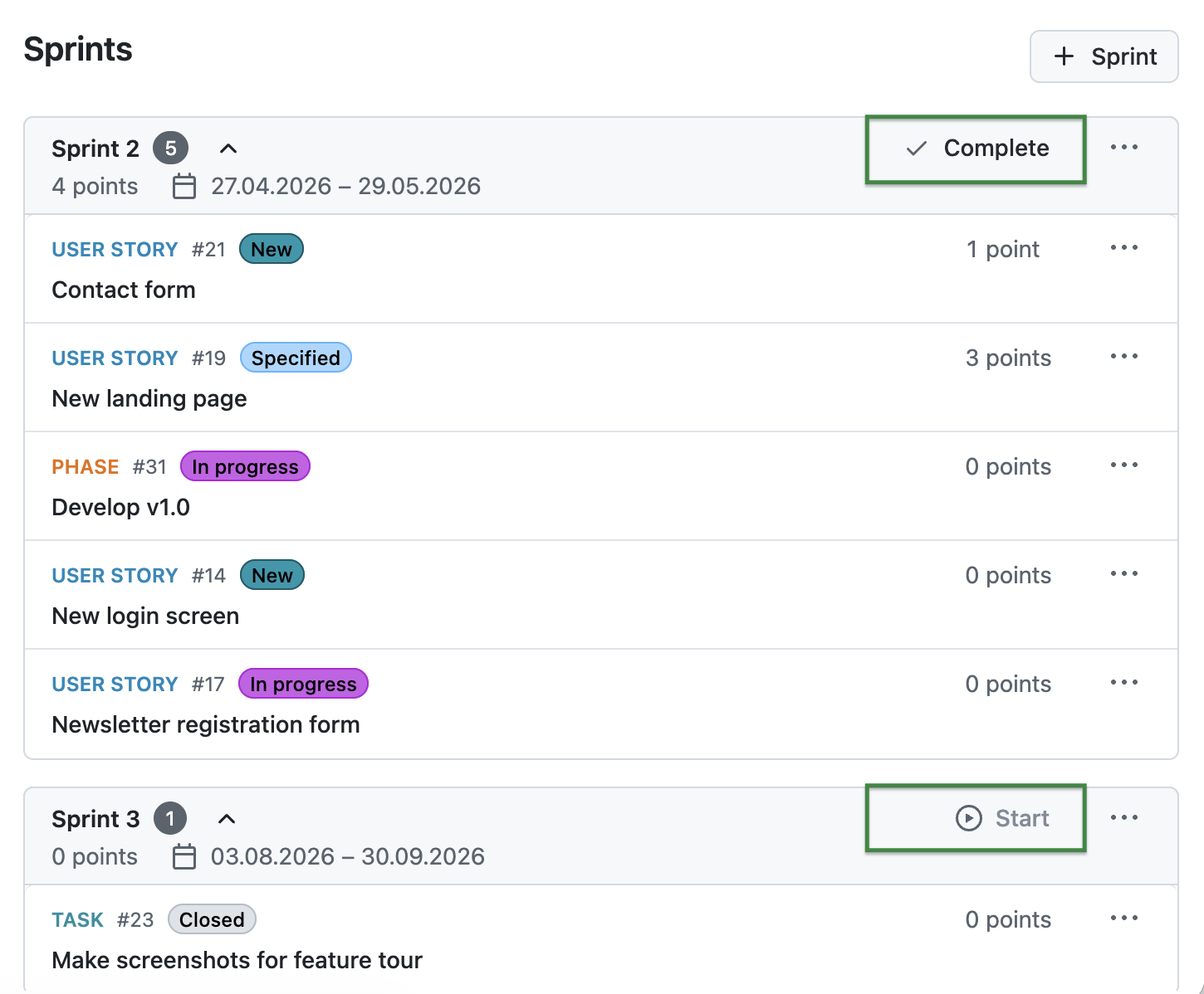 OpenProject Backlogs module, Sprints column with marked buttons: “Complete” on top of the active sprint and “Start” on top of the non active sprints