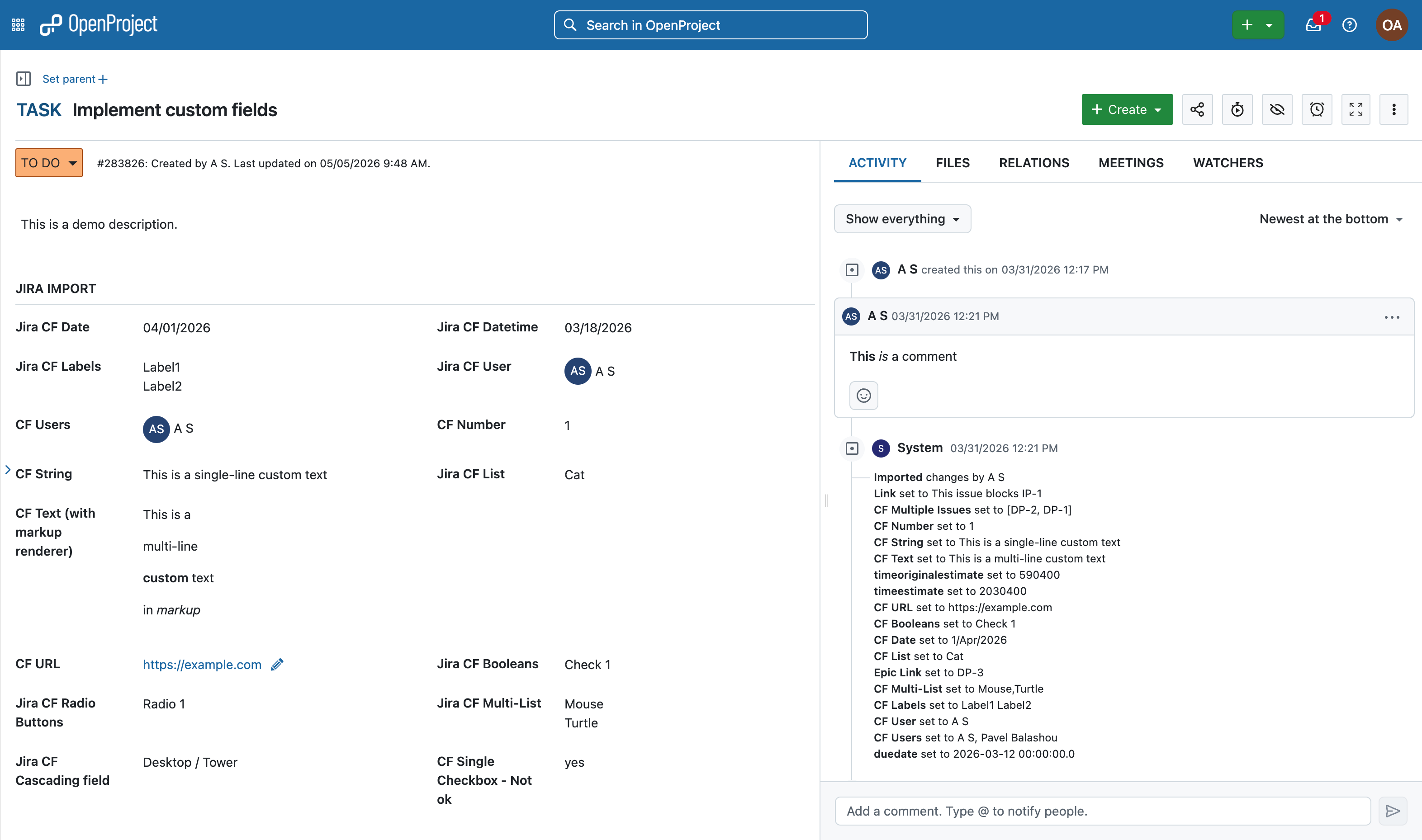 Work package in OpenProject with imported custom fields from Jira