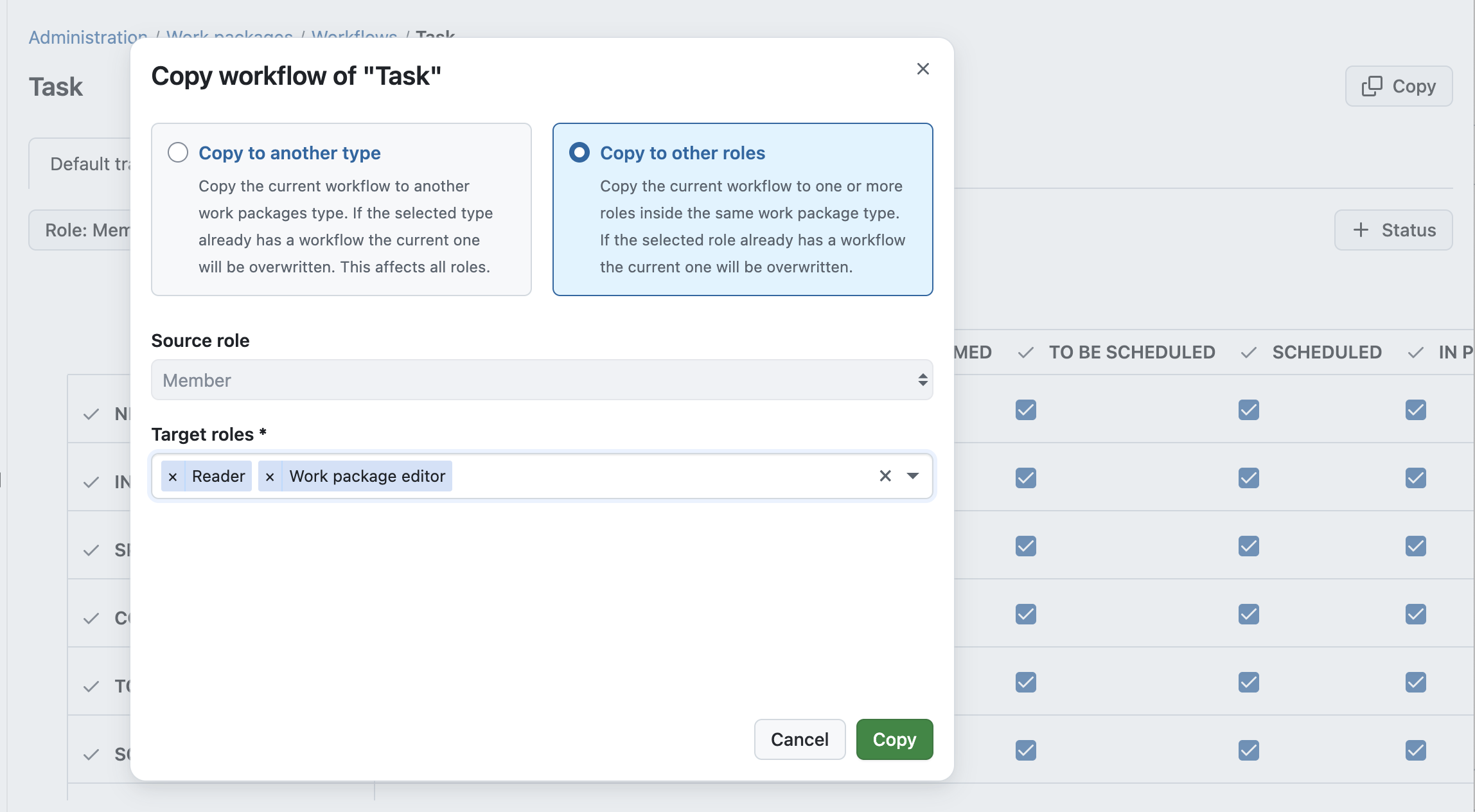 Overlay in the OpenProject workflow settings: Copy workflow of “Task” to other roles, user can select multiple roles