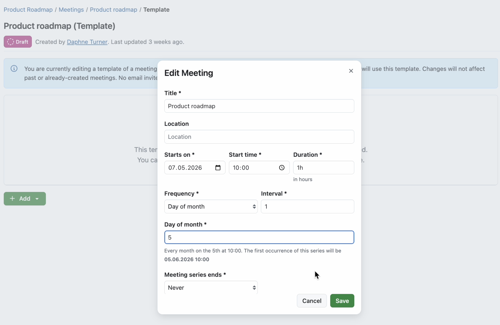 OpenProject meeting with overlay to Edit, set to “Every month on the fifth”