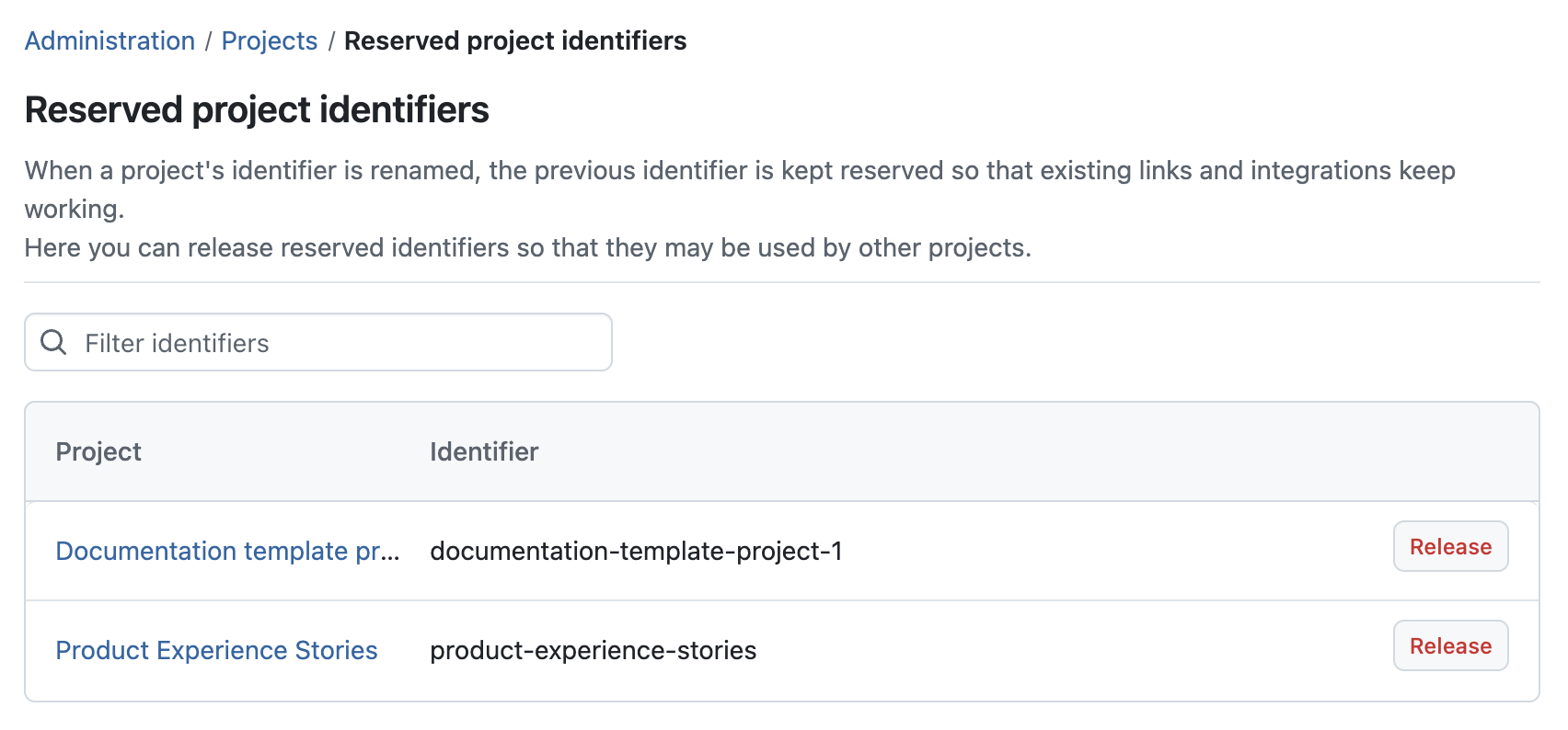 OpenProject administration: Release reserved project identifiers