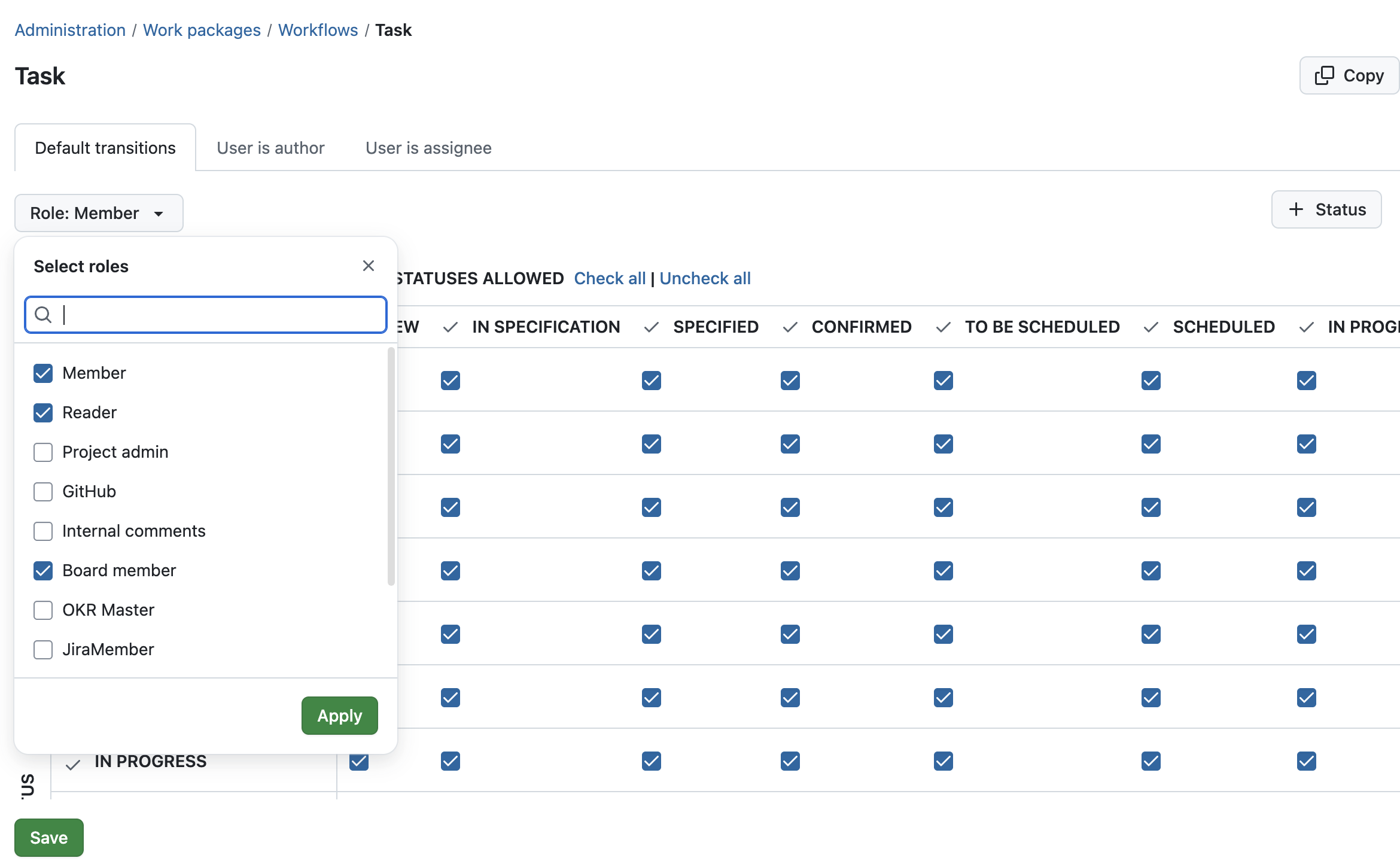 OpenProject workflows – multimple roles selected