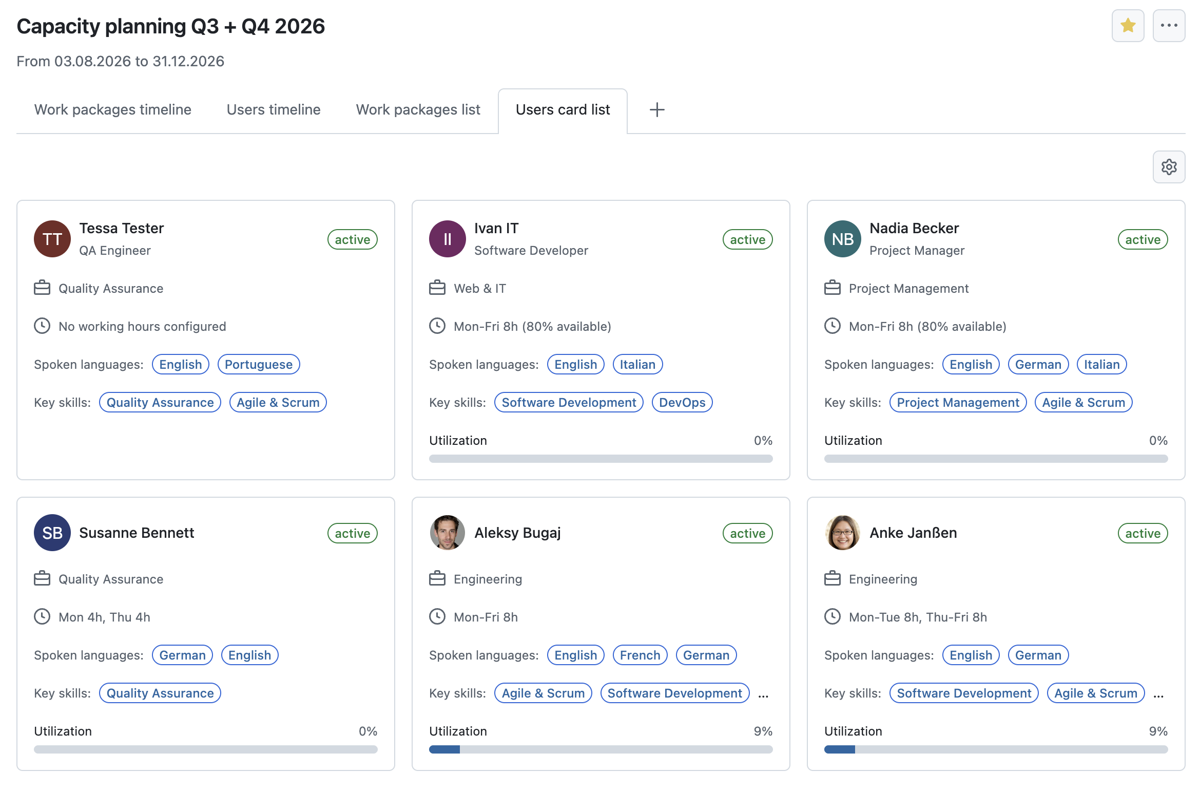 OpenProject’s Resource planner displays users as cards with their departments, work-related attributes, availability, and utilization, making it easy to compare capacity across the organization.