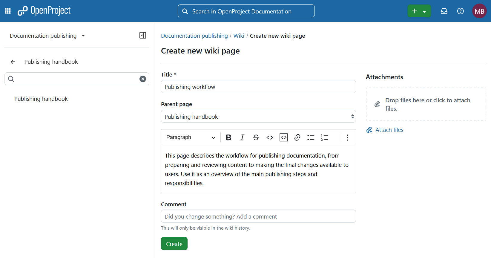Creating a project wiki page with the updated interface