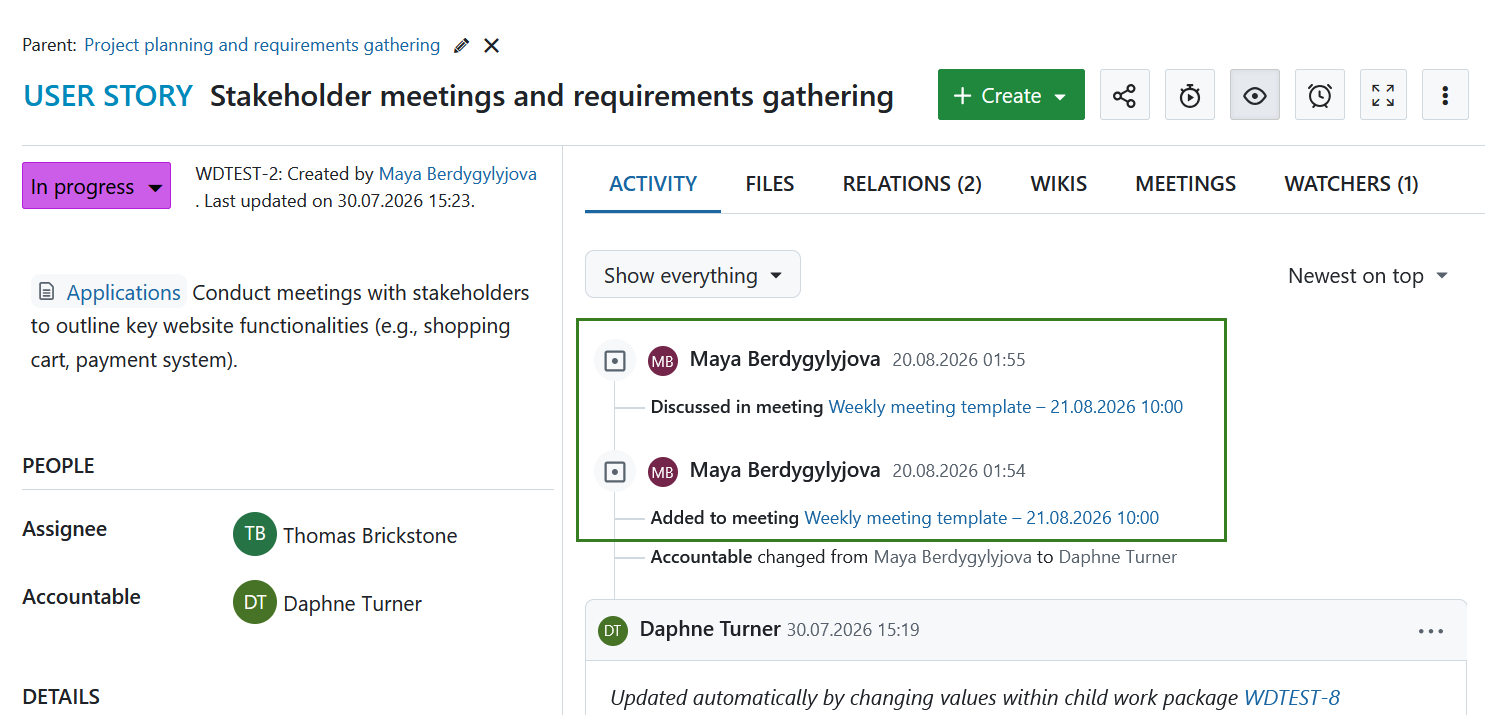 Meeting updates displayed in the Activity tab of a work package