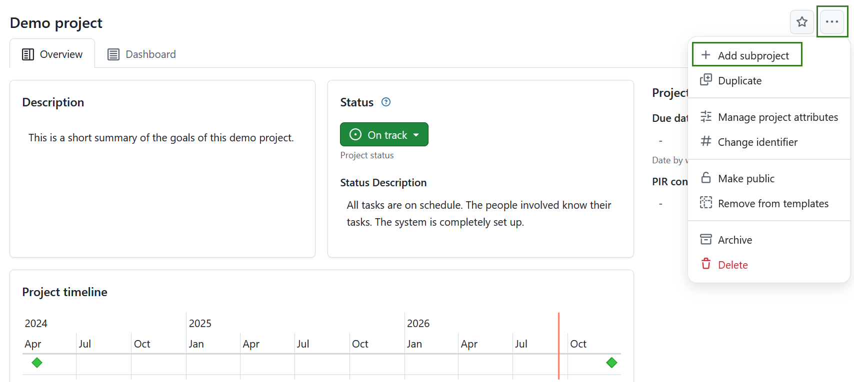 Creating a subitem from the project page header