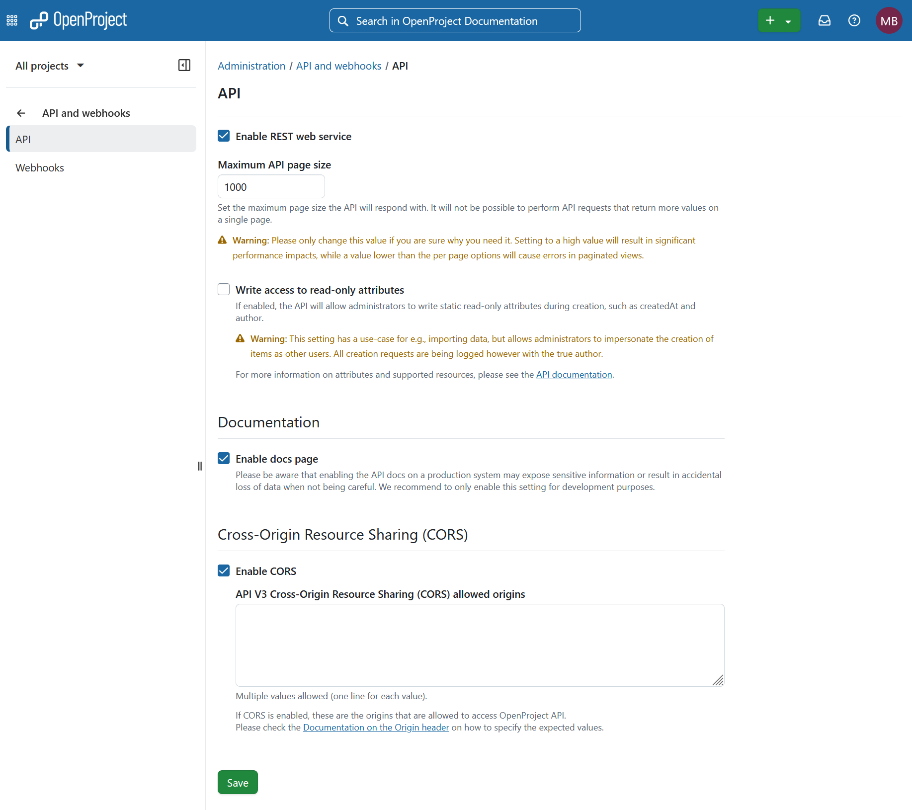 API settings in OpenProject administration