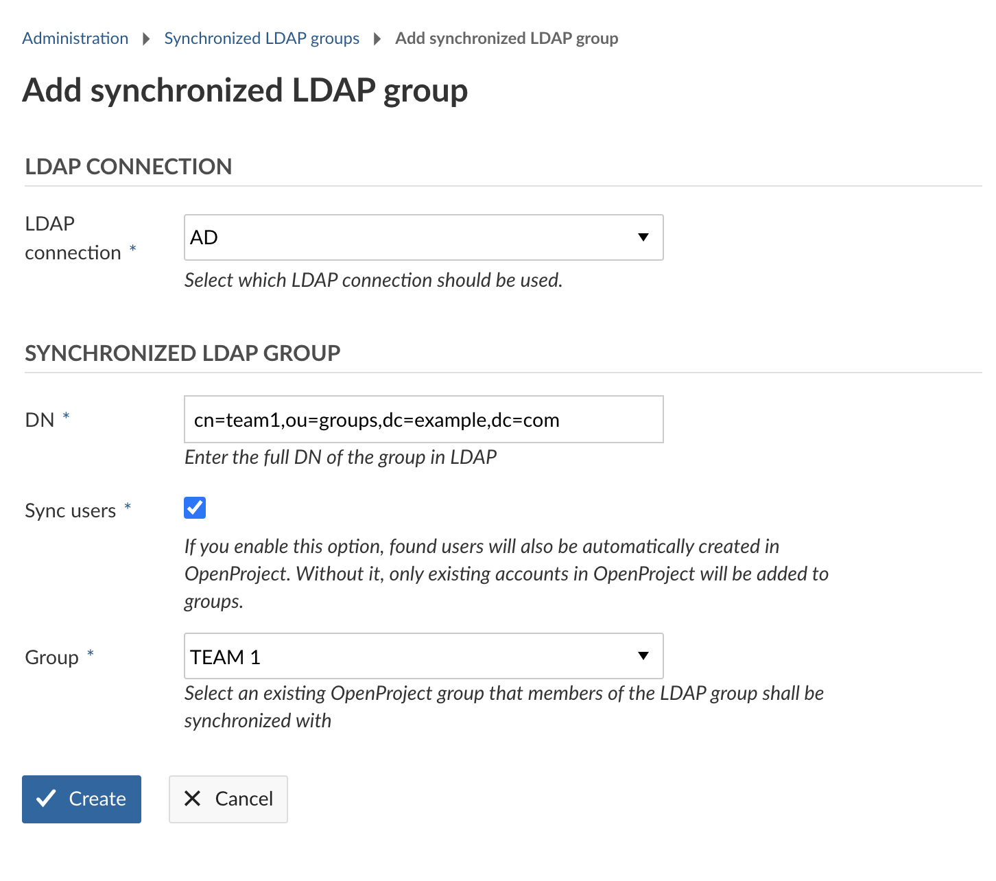 LDAP group synchronization settings