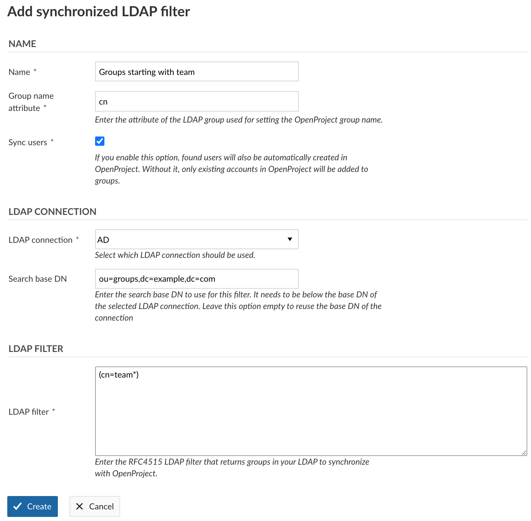 LDAP synchronized filter form