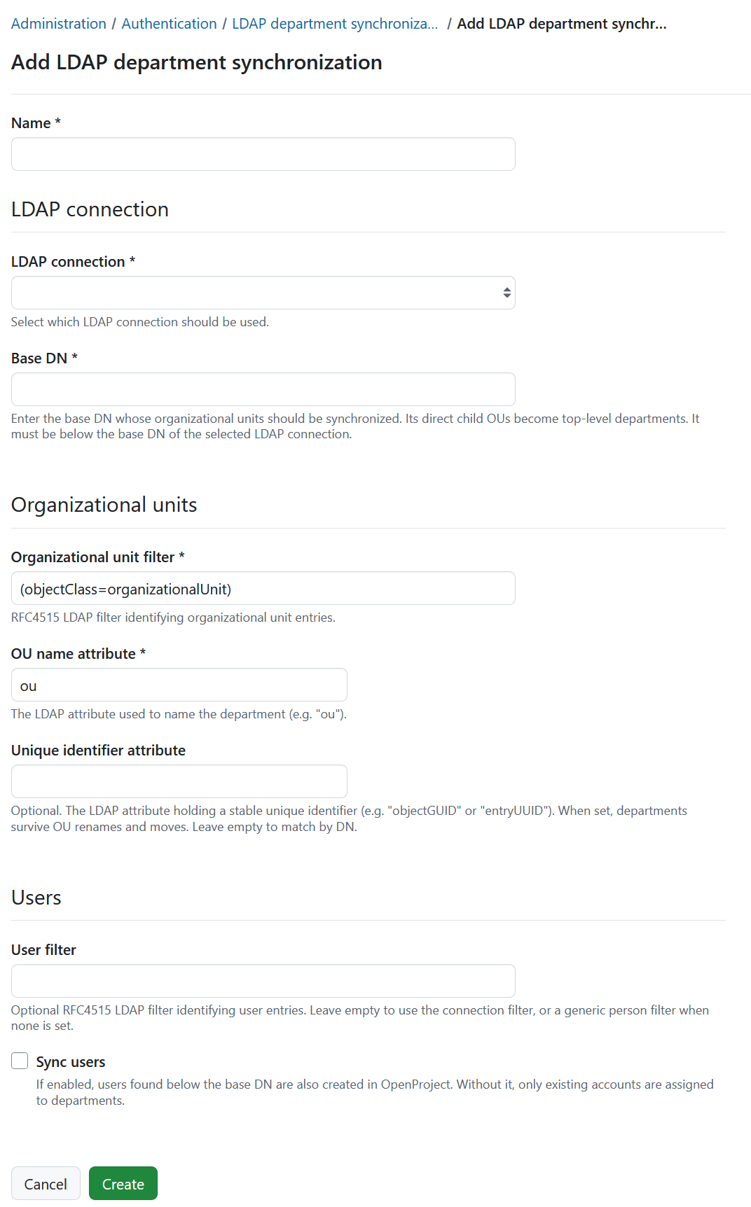 Form to create a new LDAP department synchronization in OpenProject administration