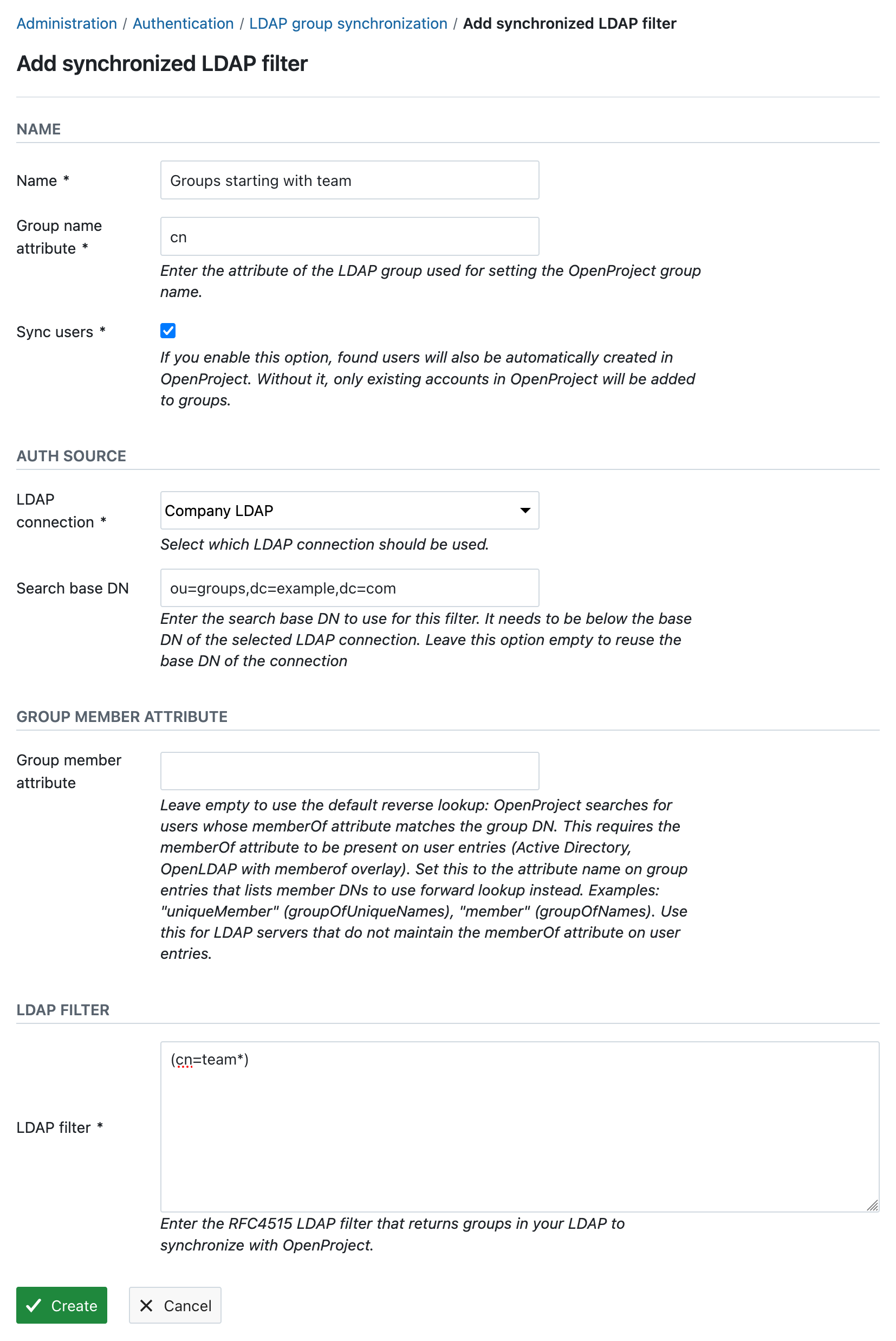 LDAP synchronized filter form in OpenProject administration
