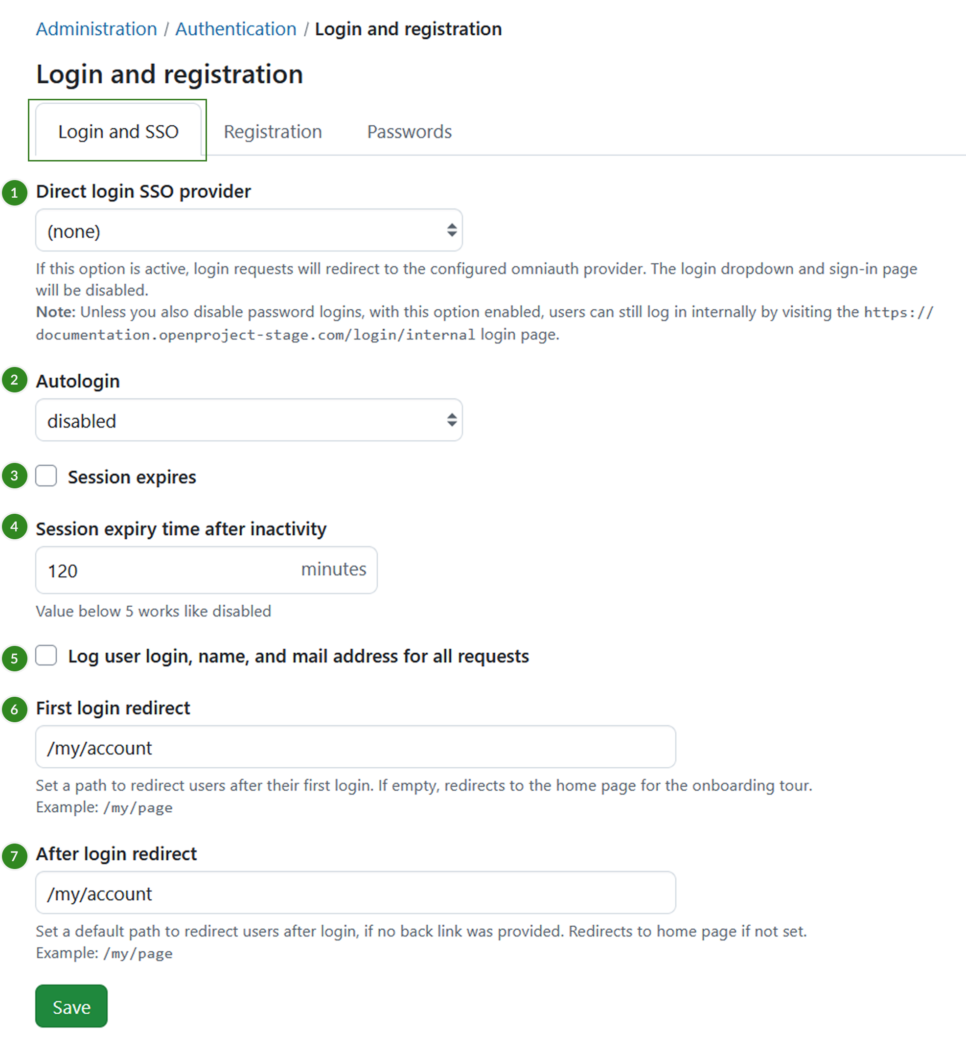 Login and SSO tab under login and registration settings in OpenProject system administration